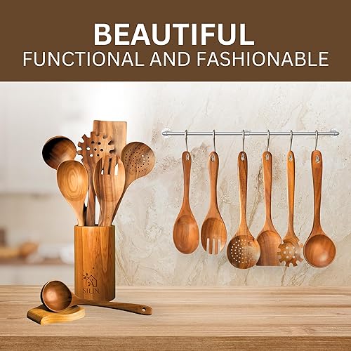 Miniatura 5 de Cucharas de madera para cocinar, juego de utensilios de 9 piezas para cocinar, juego de utensilios de madera de teca con soporte para cuchara y