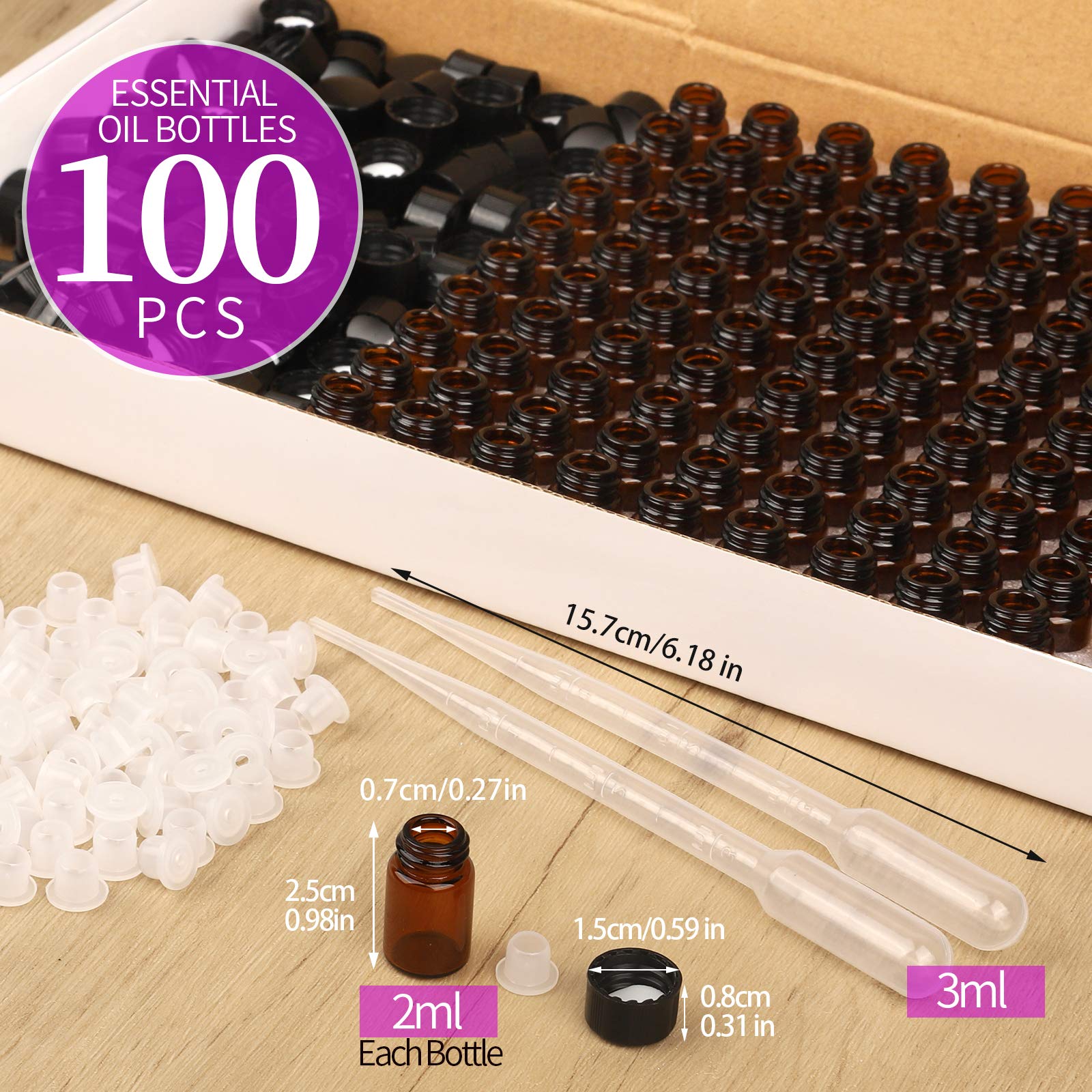 FANDAMEI 100 x 2 ml Braune Leere Glasflaschen, Fläschchen für Ätherische Öle, Mini Glasflasche mit Orifice Reducers, Perfekt für Ätherisches Öl, Spa, Massage, Aromatherapie