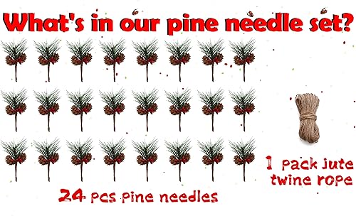 Miniatura 5 de Geefuun 24 agujas de pino artificial de Navidad, decoración de púas, 1 paquete de cuerda de yute – Decoración de regalo de fiesta de Navidad,