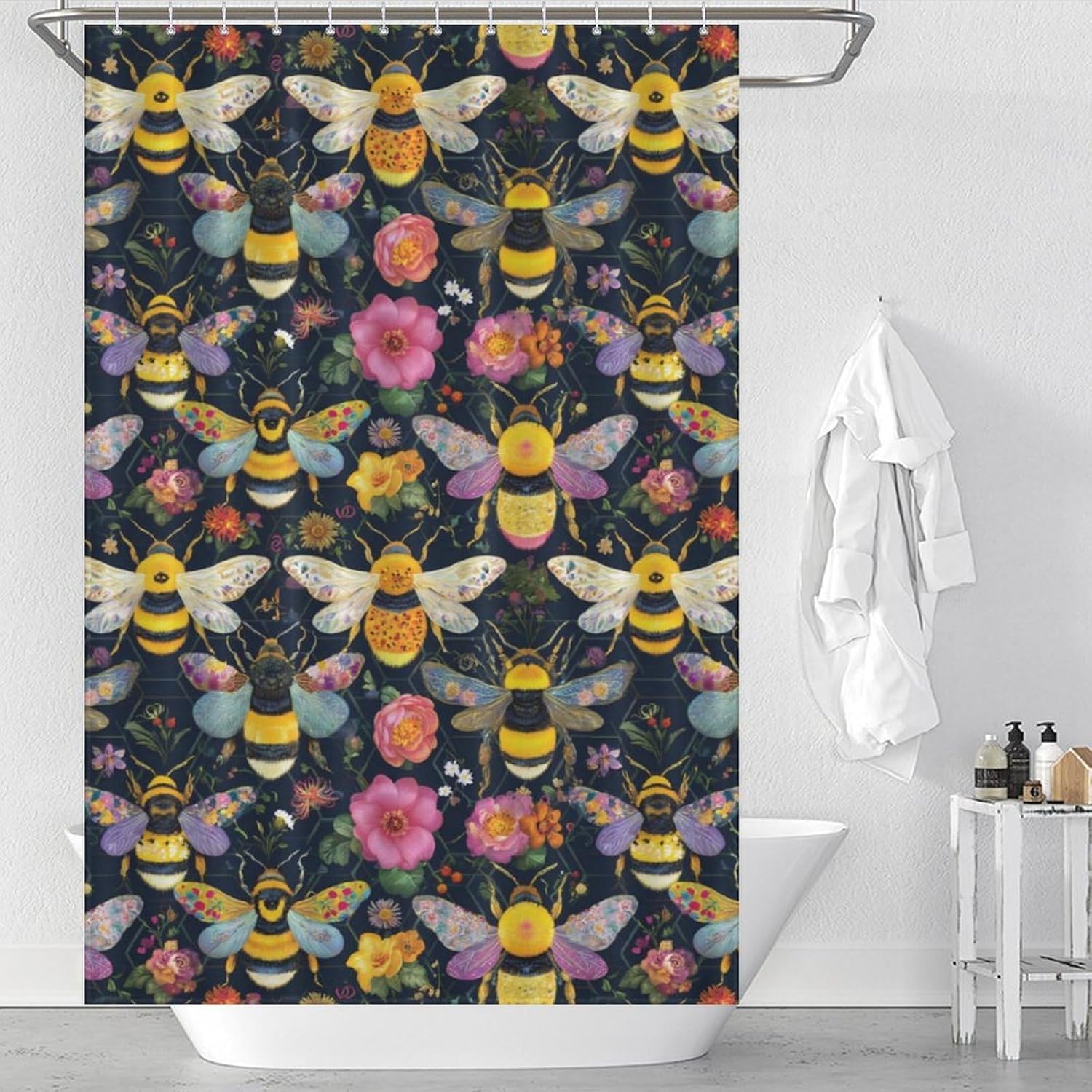 Bees Honeycombs Shower Curtain 46.85x70.87Inch（119x180cm） Polyester Bath Curtain Shower Curtains Printed Decorative