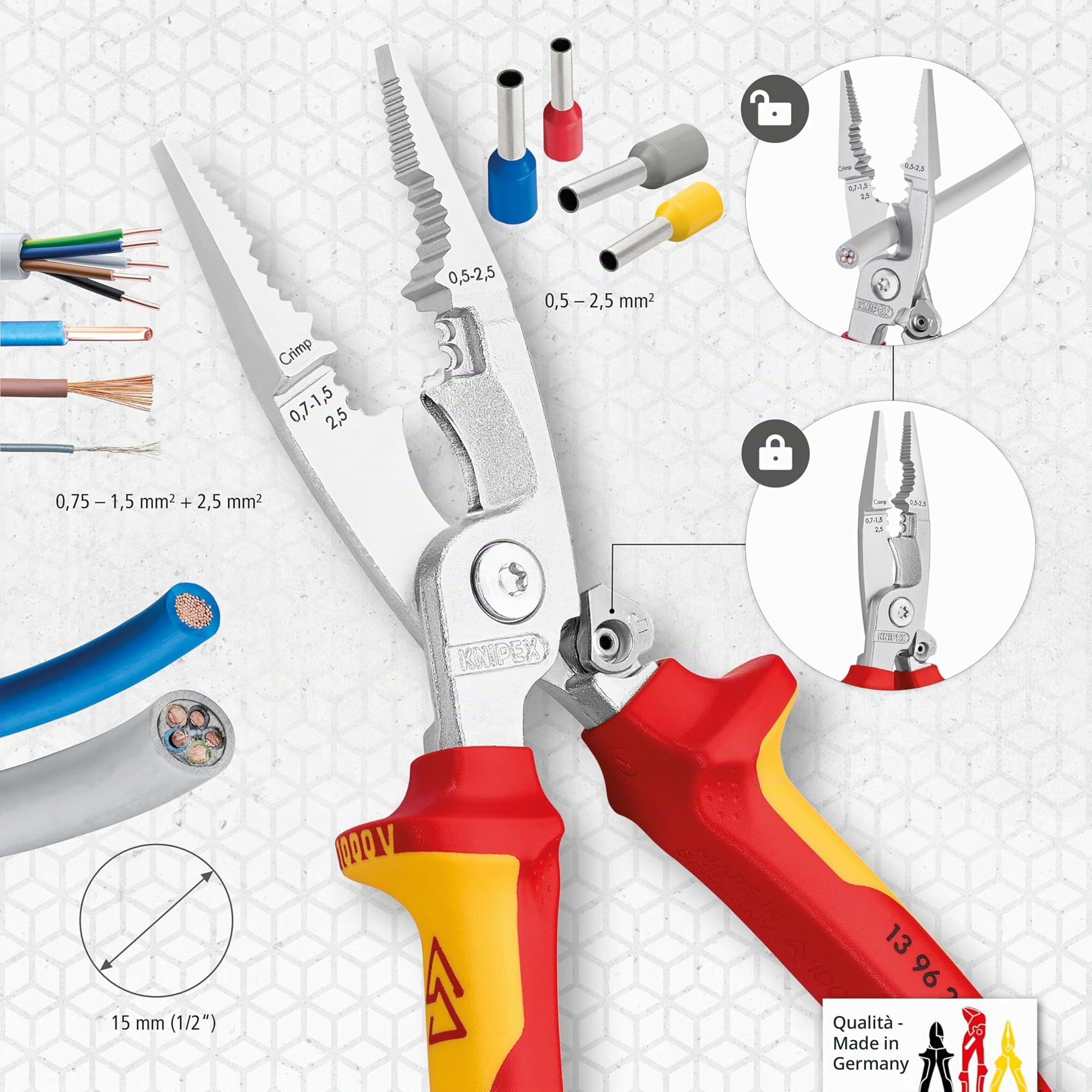 KNIPEX Pinza per elettroinstallazioni cromata isolati con manici rivestiti in materiale bicomponente, collaudati VDE 200 mm, 13 96 200