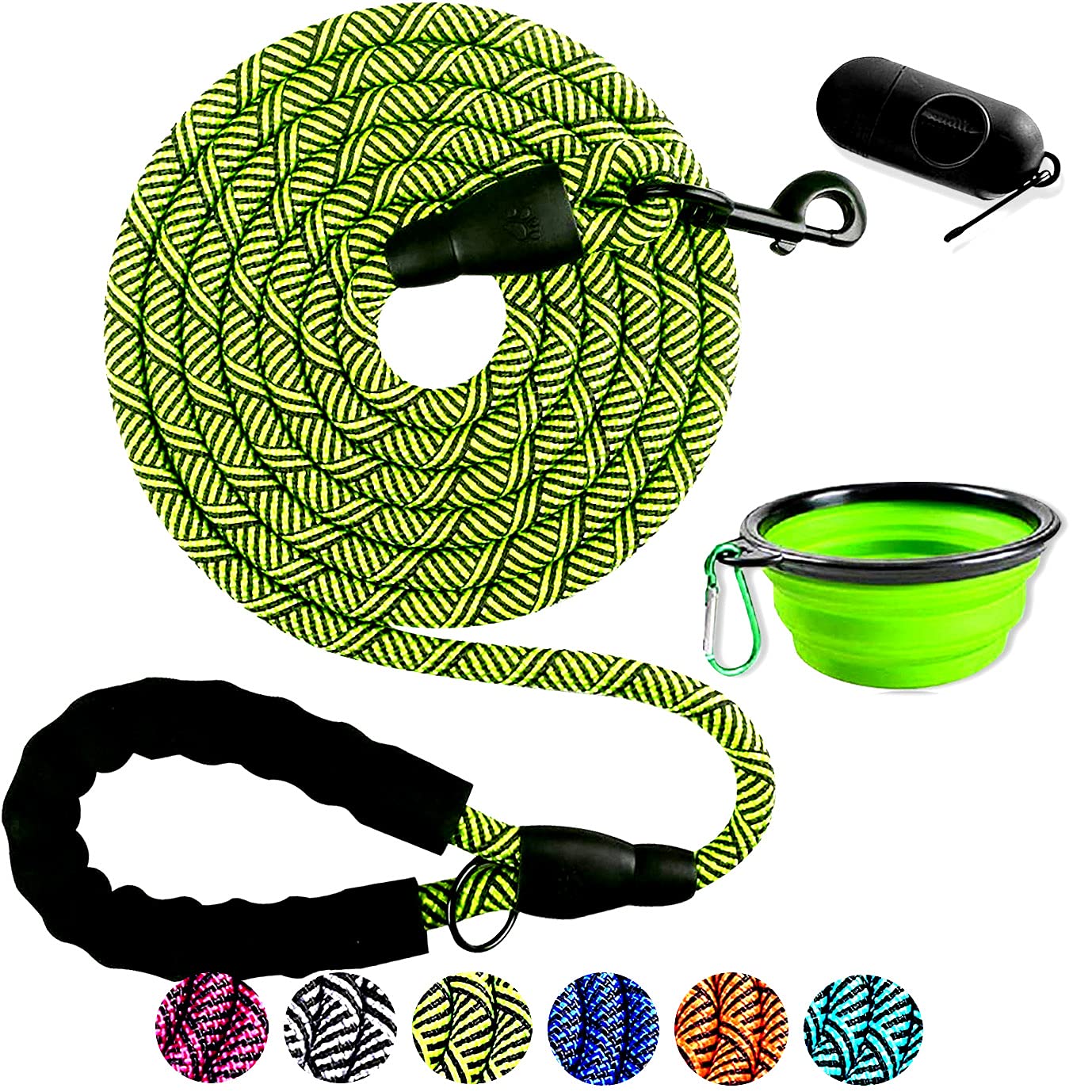 DOYOO Dog Leash 10FT Thick Durable Nylon Rope - Comfortable Padded Handle Non Reflective Rope Dog Leash for Medium Large Dogs with Collapsible Pet Bowl and Garbage Bags (Non-reflective10 FT -Green