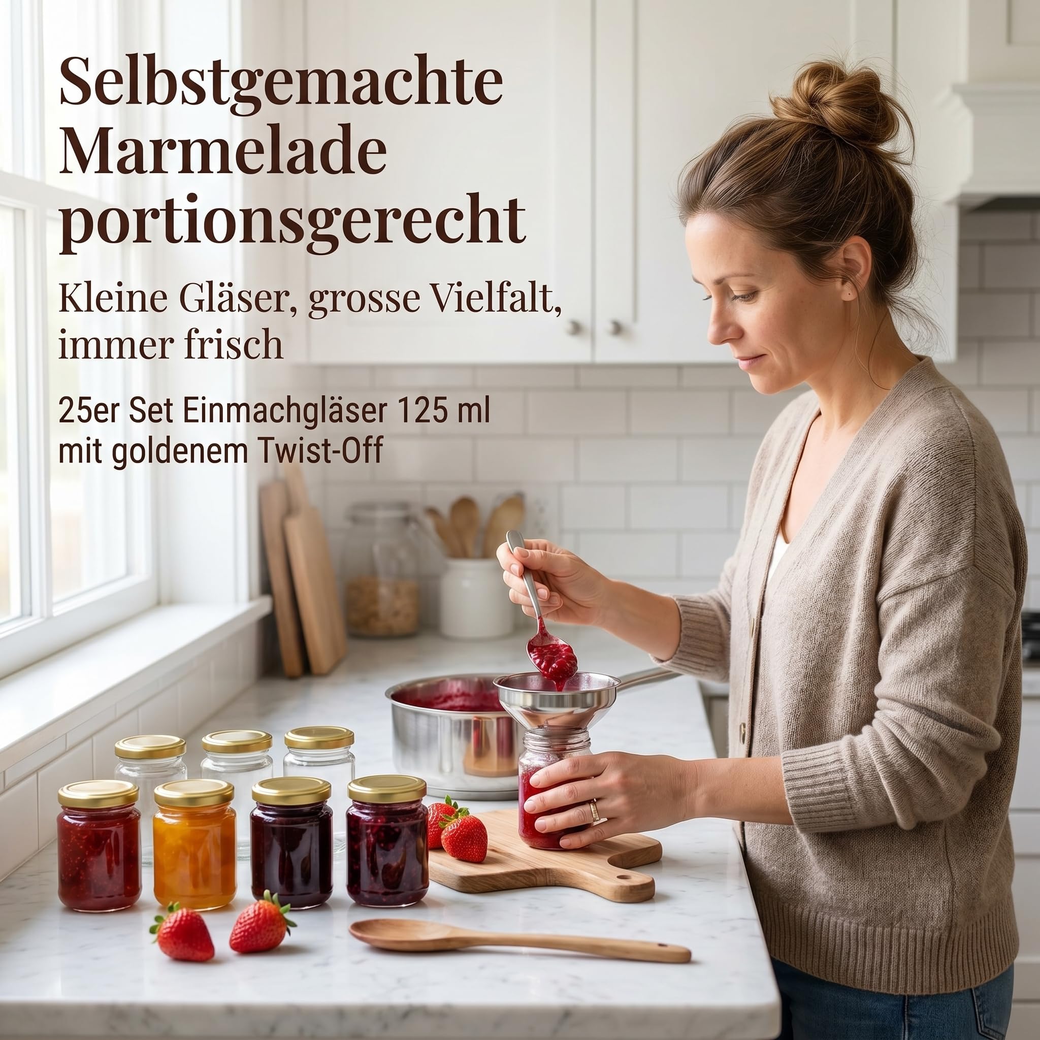gouveo set da 25 barattoli per conserve rotondi (0,125 l) con chiusura Twist-Off TO 53 coperchi in metallo color oro vasetti piccoli per marmellata miele spezie dessert (HEG125G)