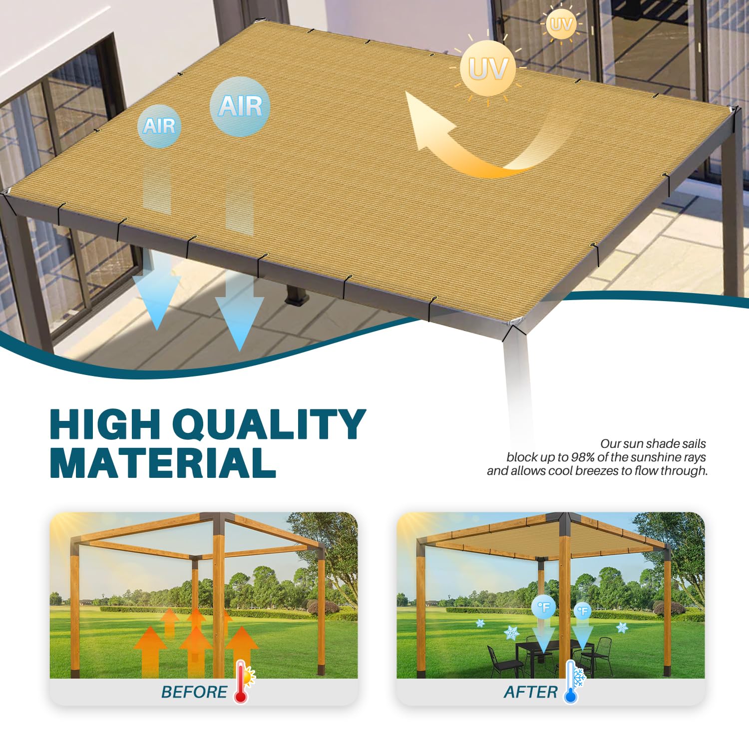 Coarbor 18'x35' Straight Edge Sun Shade Sail Rectangle Canopy Cover Grommets Placed All Edges for Outdoor Pergola Patio Yard Deck Gazebo-Sand