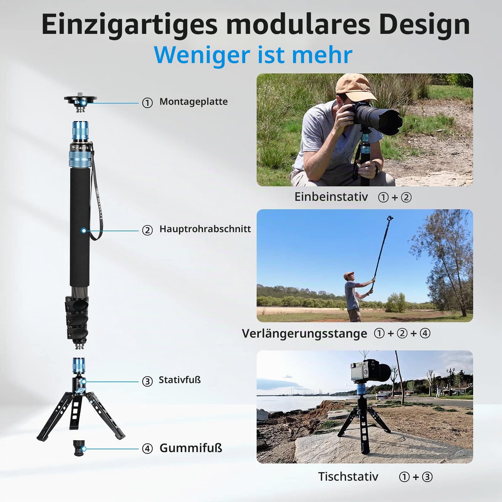 SIRUI P-424FS Einbeinstativ für Kamera, Modular, 3-in-1, Einbeinstativ aus Kohlefaser, mit Stativhalterung von 160 cm (63 Zoll), maximale Belastung 12 kg, für Kameras, DSLR, Camcorder