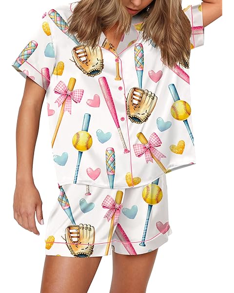 SHESHOW Pajamas for Women Set Satin Button Down Short Sleeve Top and Shorts Pjs Sets Sport Ball Print Sleepwear XS-XXL