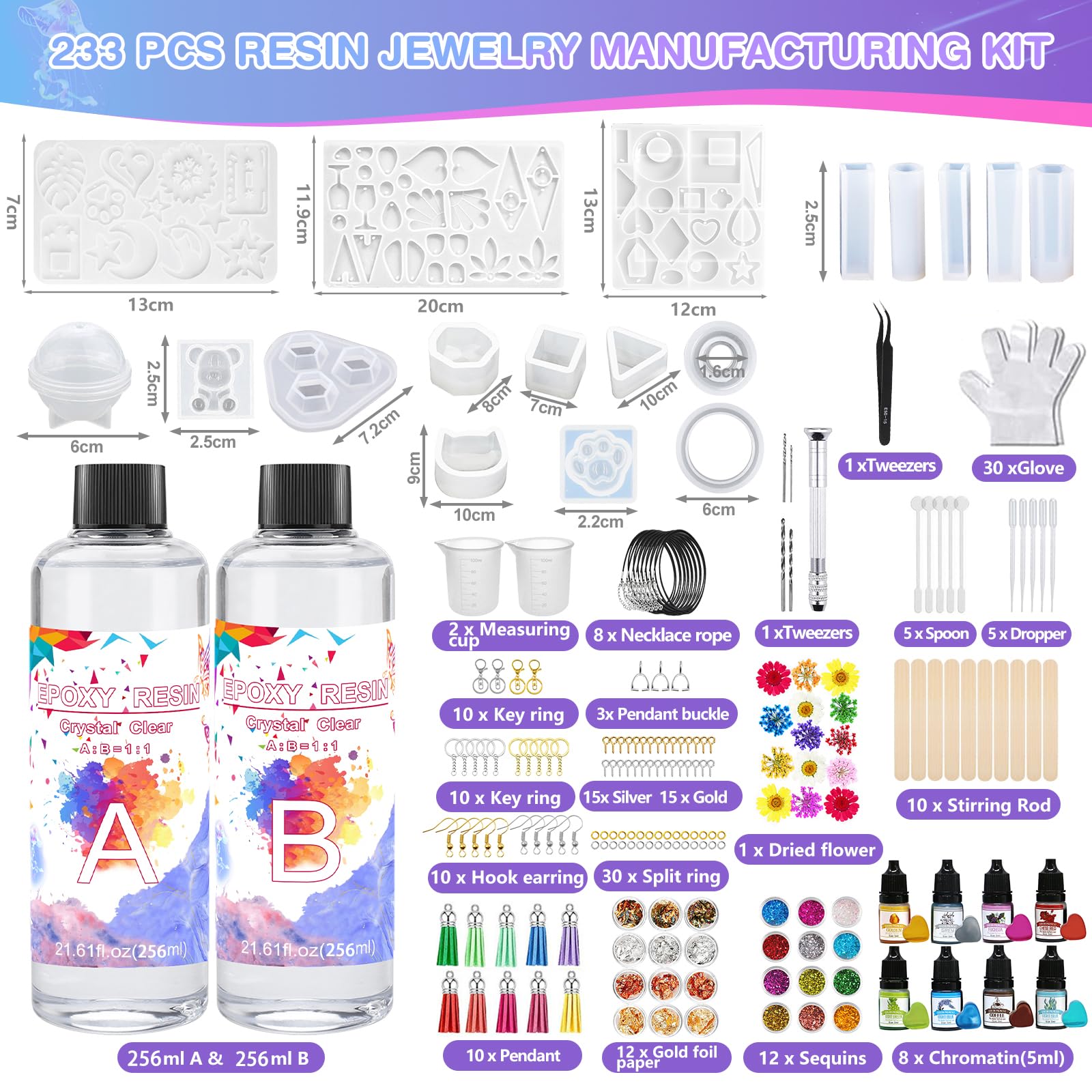 KIMIGO Resina Epoxy Transparente,Kit de resina epoxi 250ml,Pigmento de resina,Lentejuelas,Hoja de oro para la fabricación de joyas de cristal colgante pulsera