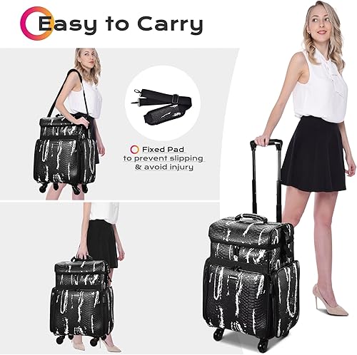 Miniatura 4 de BYOOTIQUE Estuche de tren de maquillaje con ruedas de lados suaves, organizador de cosméticos, estuche de maquillaje de cocodrilo, para artistas de