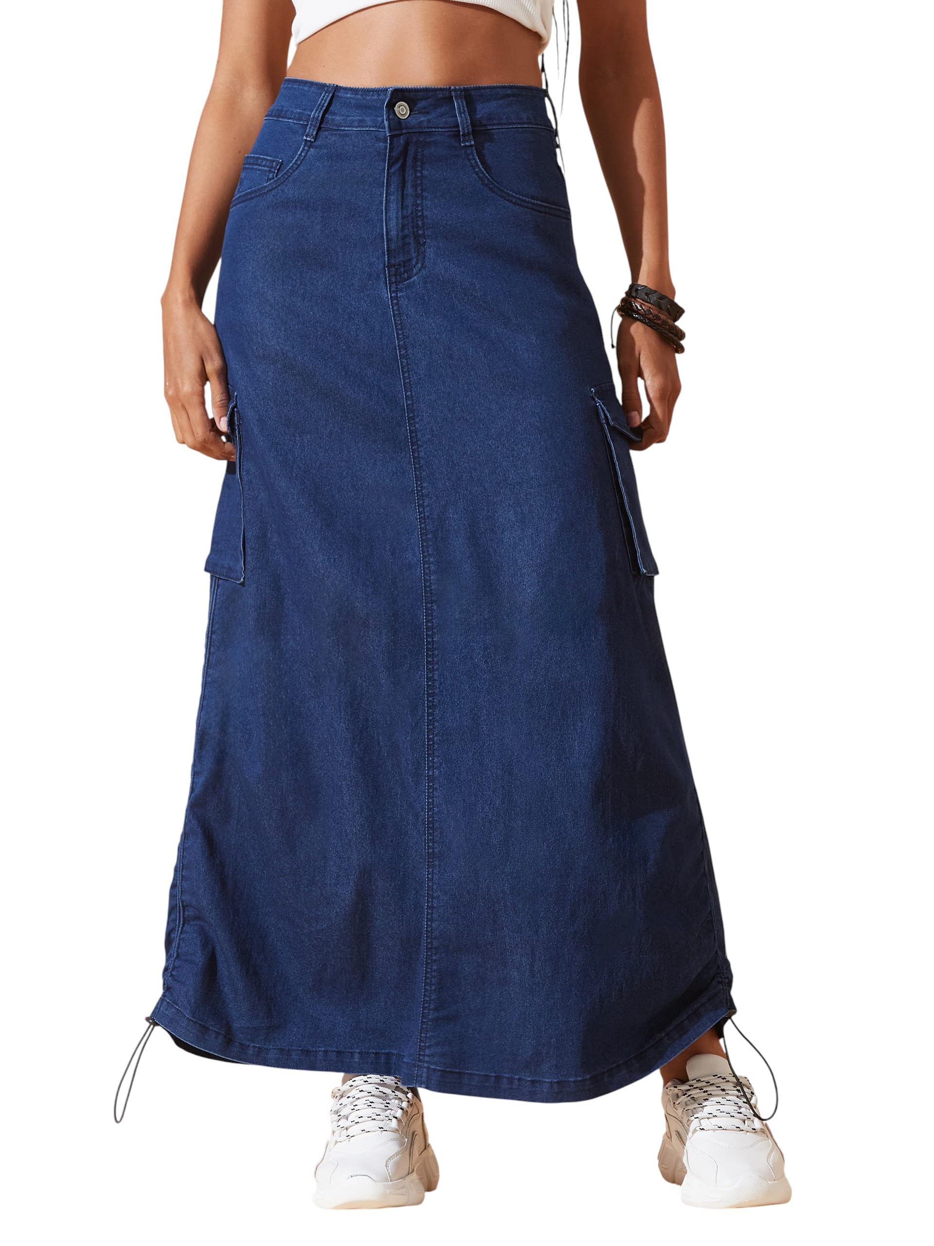Women's Baggy High Rise Ruched Parachute Stretchable Denim Midi Skirt-image-15