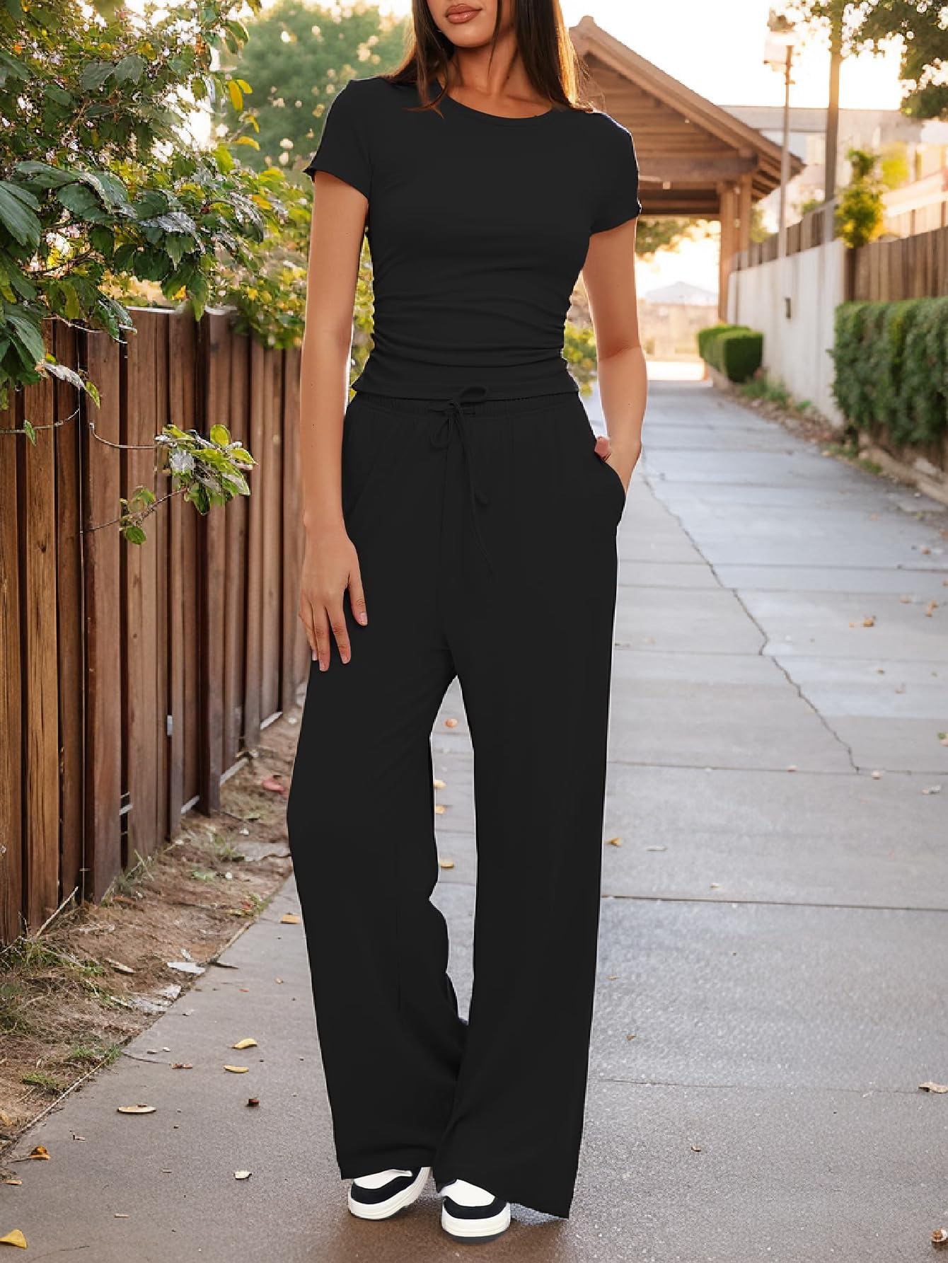 Women's 2 Piece Lounge Set Ruched Short Sleeve Tops High Waisted Wide Leg Pants — view 2