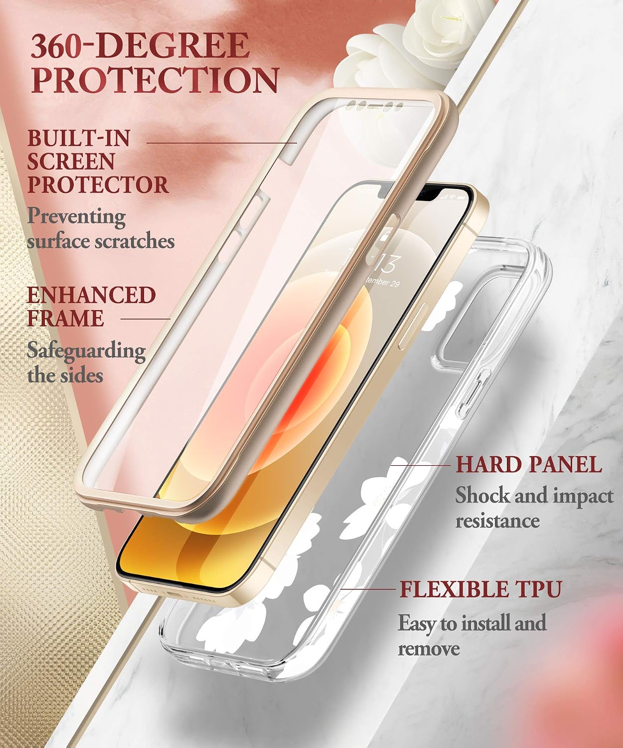GVIEWIN Compatible with iPhone 12 Pro Max Case 6.7 inch 2020, [Built-in Screen Protector] Clear Flower Full-Body Shockproof Protective Floral Women Slim Phone Cover (Windflower/White)