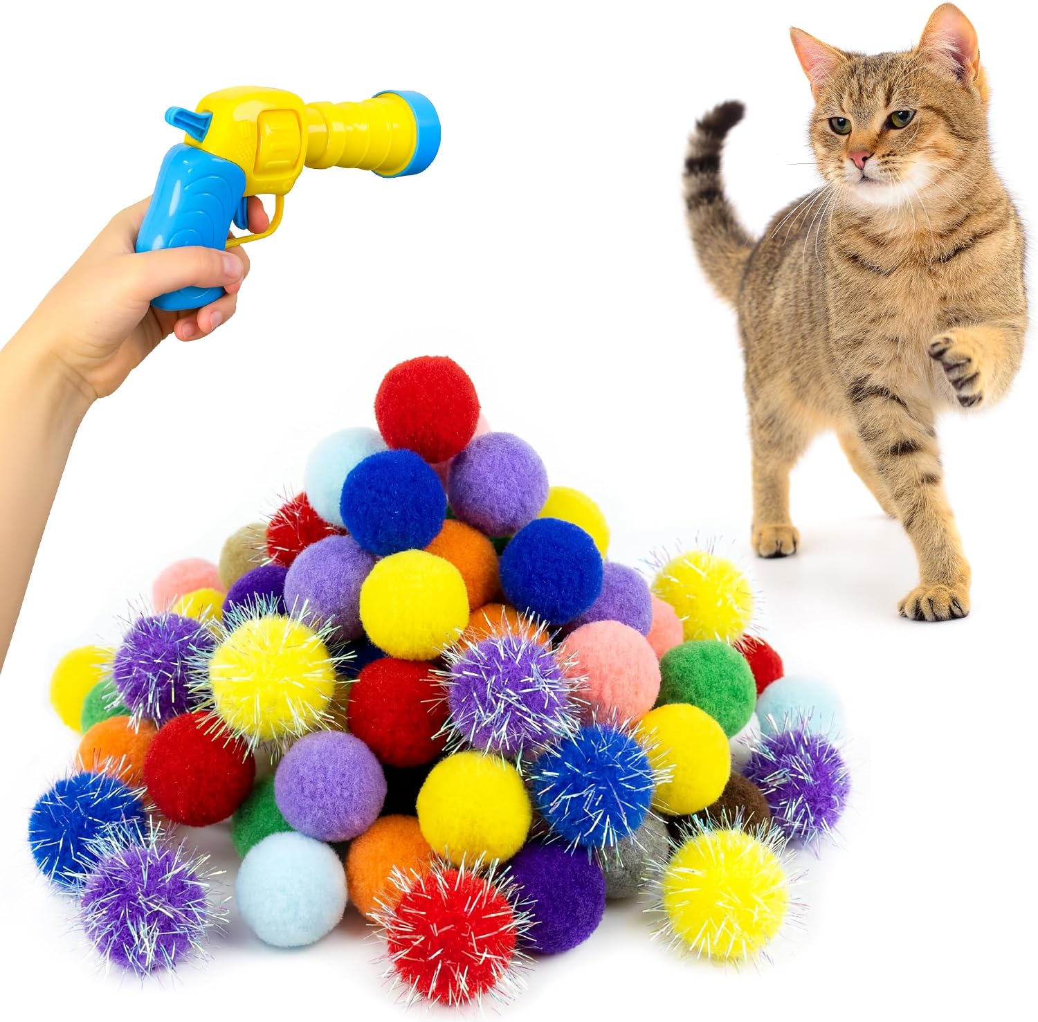 Juego interactivo para gatos con 50 pompones y lanzador miniatura 1