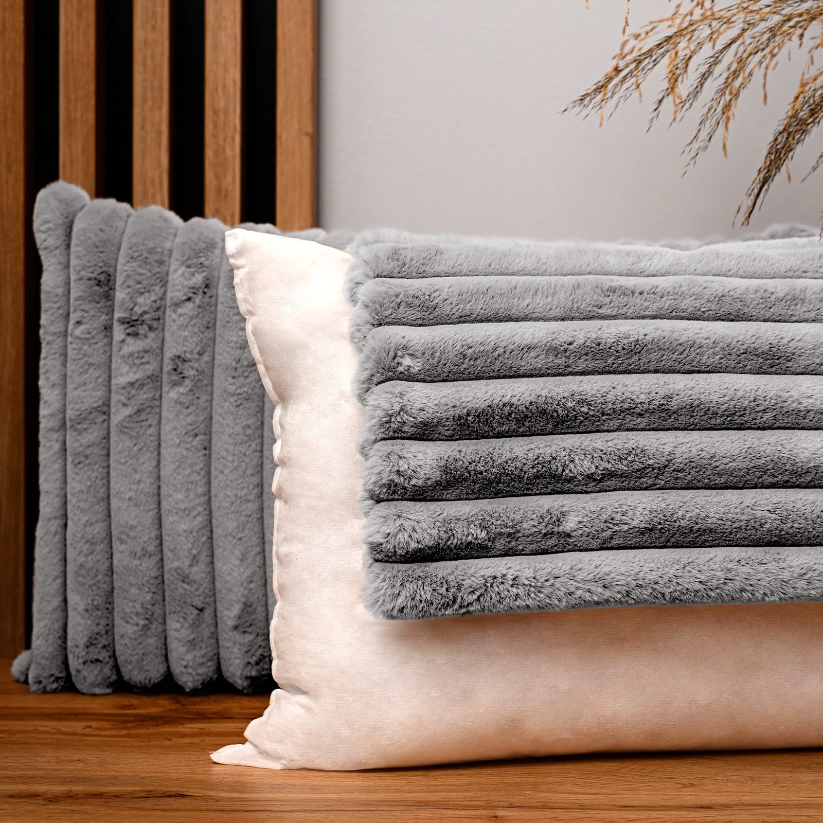MG Design Set de 2 Fundas de cojín 30 x 50 cm en Gris – con Cremallera, Pelo sintético Largo, Suaves y Decorativas para sofá o Cama