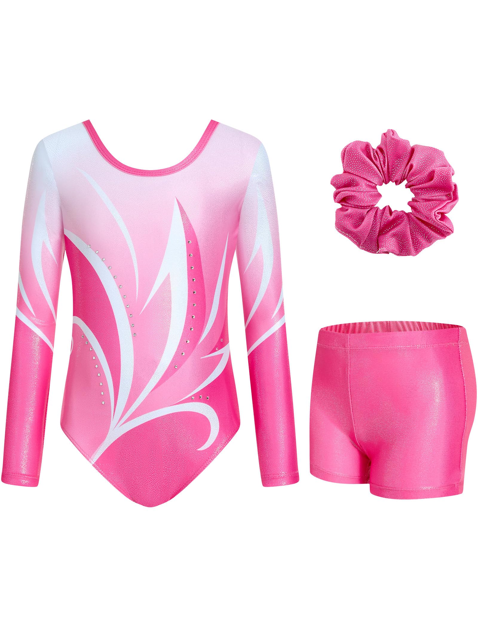 JiAmy Gymnastikanzug Mädchen, Turnanzug Turnshorts Haarband Set Turnanzug Leotard Set für 3-12 Jahre