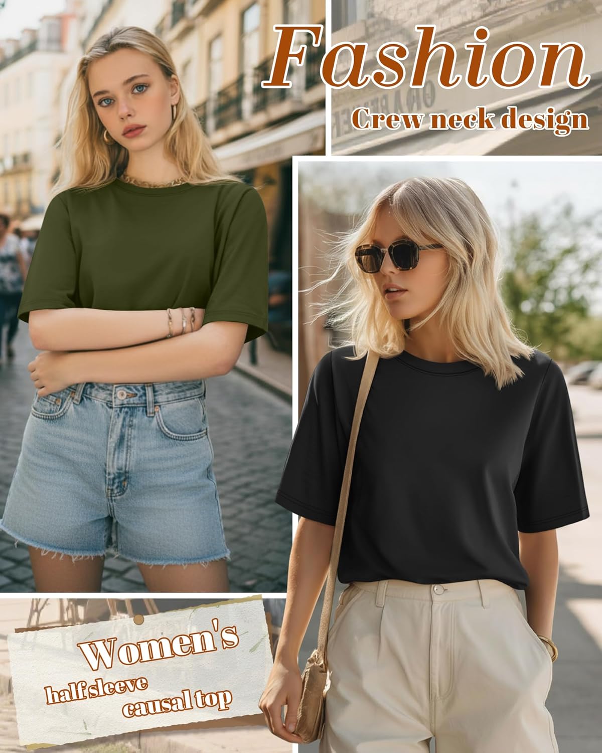 Huukeay 3 Pack Women's Half Sleeve T-Shirts, Crew Neck Elbow Length Tops Loose Casual Basic Tees Summer Tunic Tops - Image 4