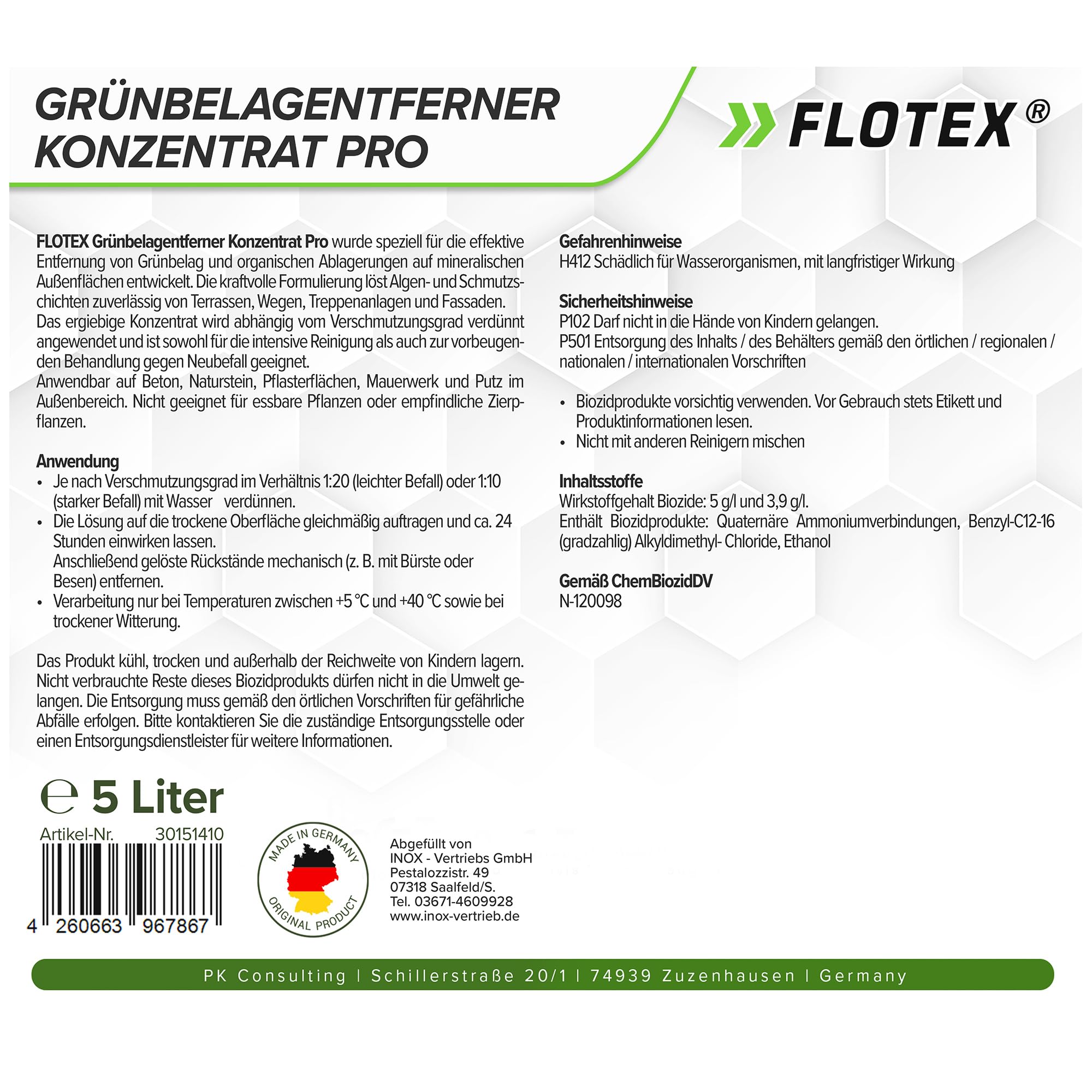 Grünbelagentferner Konzentrat Pro 1x5 Liter | Moosentferner entfernt Flechten, Algen & Grünspan | Steinreiniger Intensiv Aussen für Pflastersteine, Terrasse & Beton