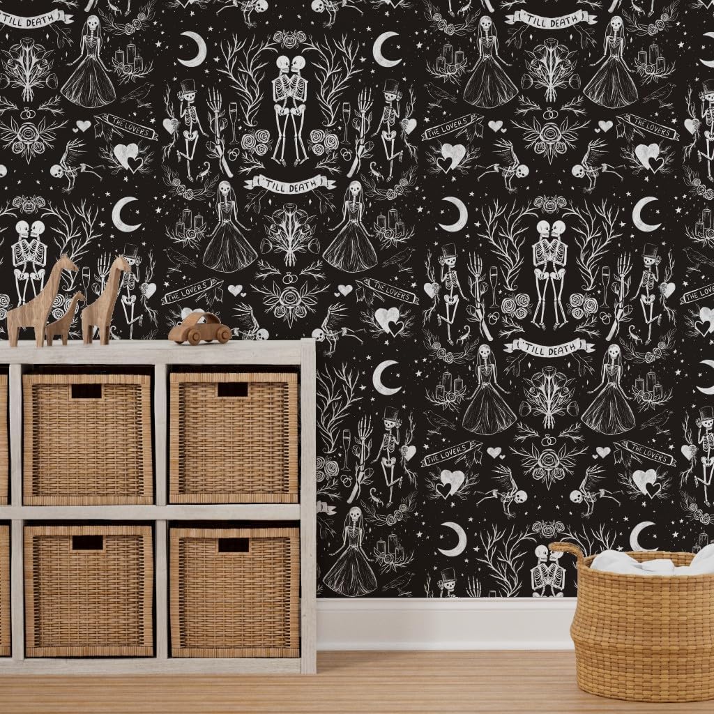 Spoonflower Peel & Stick Wallpaper 3ft x 2ft - Death Gothic Halloween Black White Skeletons Wedding Lovers Groom Dark Custom Removable Wallpaper