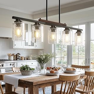 Amico 5-Light Farmhouse Chandelier Adjustable Kitchen Island Light Black Metal Wood Seeded Glass Pendant