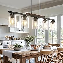 Amico Dining Room Light Fixture 5-Light Kitchen Island Lighting with Adjustable Rods, Farmhouse Decor Black Metal & Wood Chandelier with Seeded Glass Shade, Island Lights for Kitchen