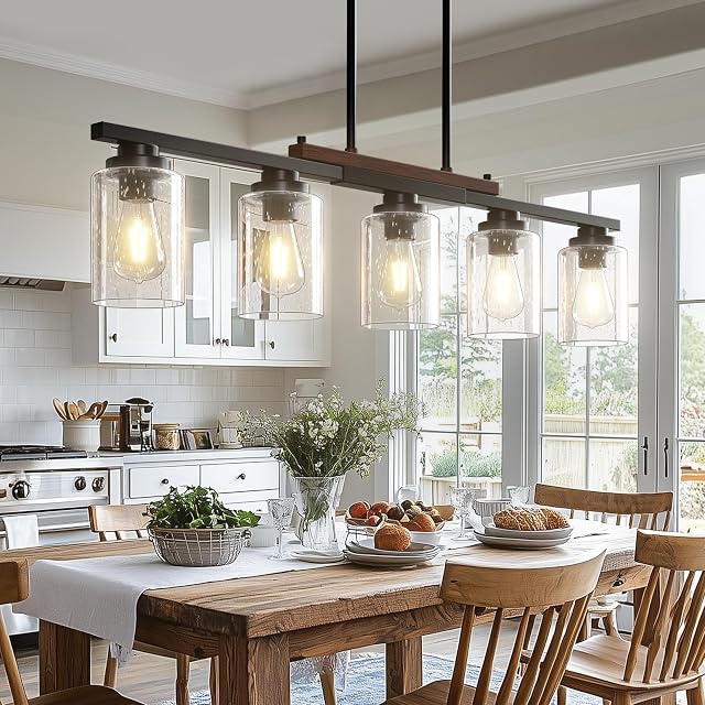 Amico Dining Room Light Fixture 5-Light Kitchen Island Lighting with Adjustable Rods Farmhouse Decor Black Metal Wood Chandelier