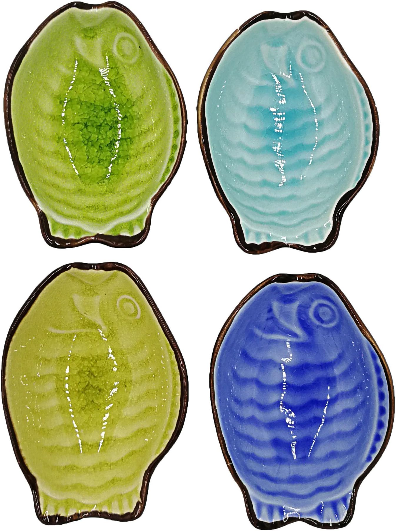 HomeThots Dipping Sauce Dish - Set of 4 Colored Ceramic Fish Shaped Sauce Bowl Suitable for Egg-roll, Sushi and Mustard Sauce