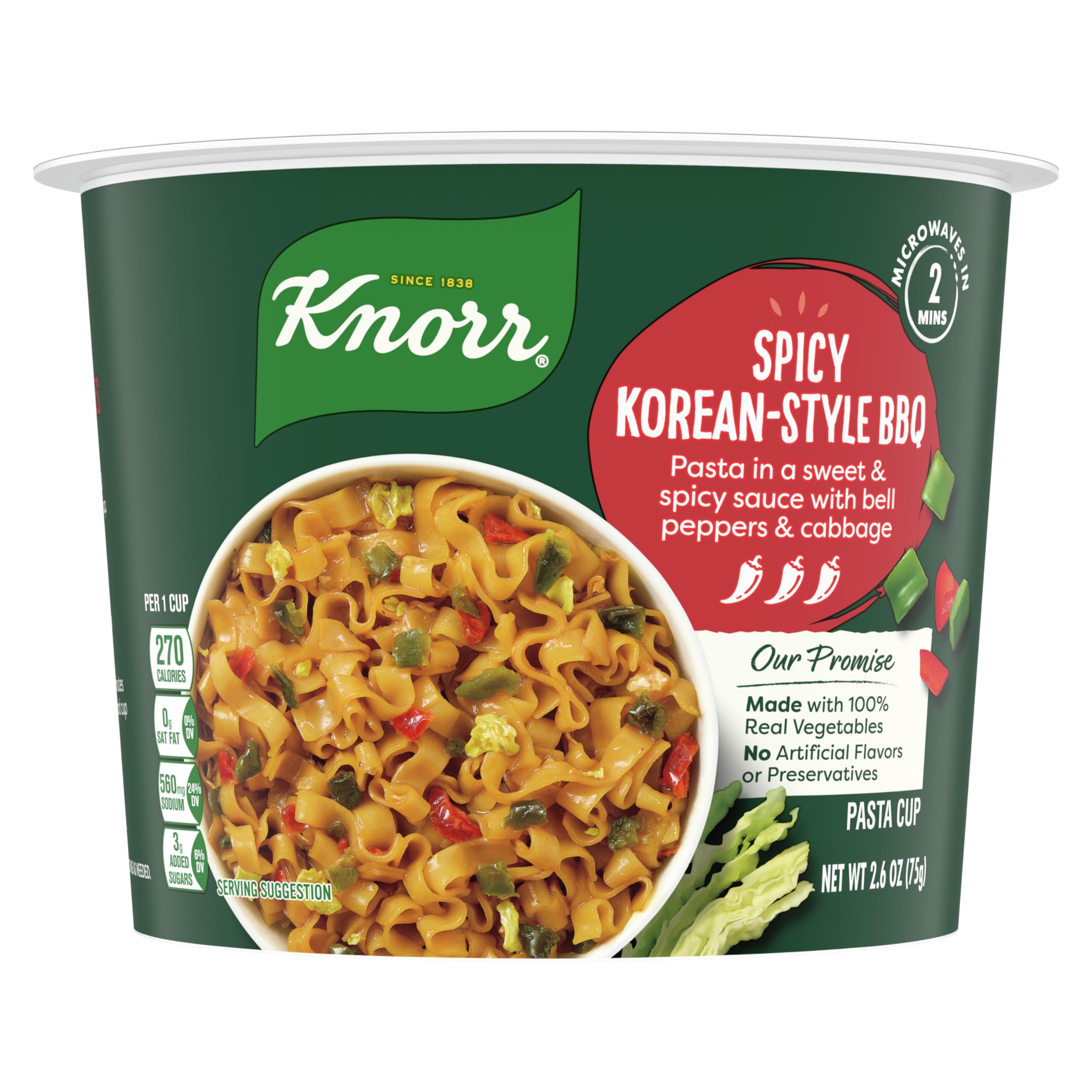 Pasta Cup For a Quick and Easy Meal Spicy Korean-Style BBQ Made with 100% Real Vegetables & No Artificial Flavors or Preservatives, 2.6 oz