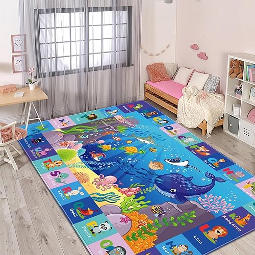 Vista 6 de Alfombra de bebé para piso, alfombra de juego del mundo submarino, alfombras ABC para niños para sala de juegos, tapete de juegos oceánico gateando