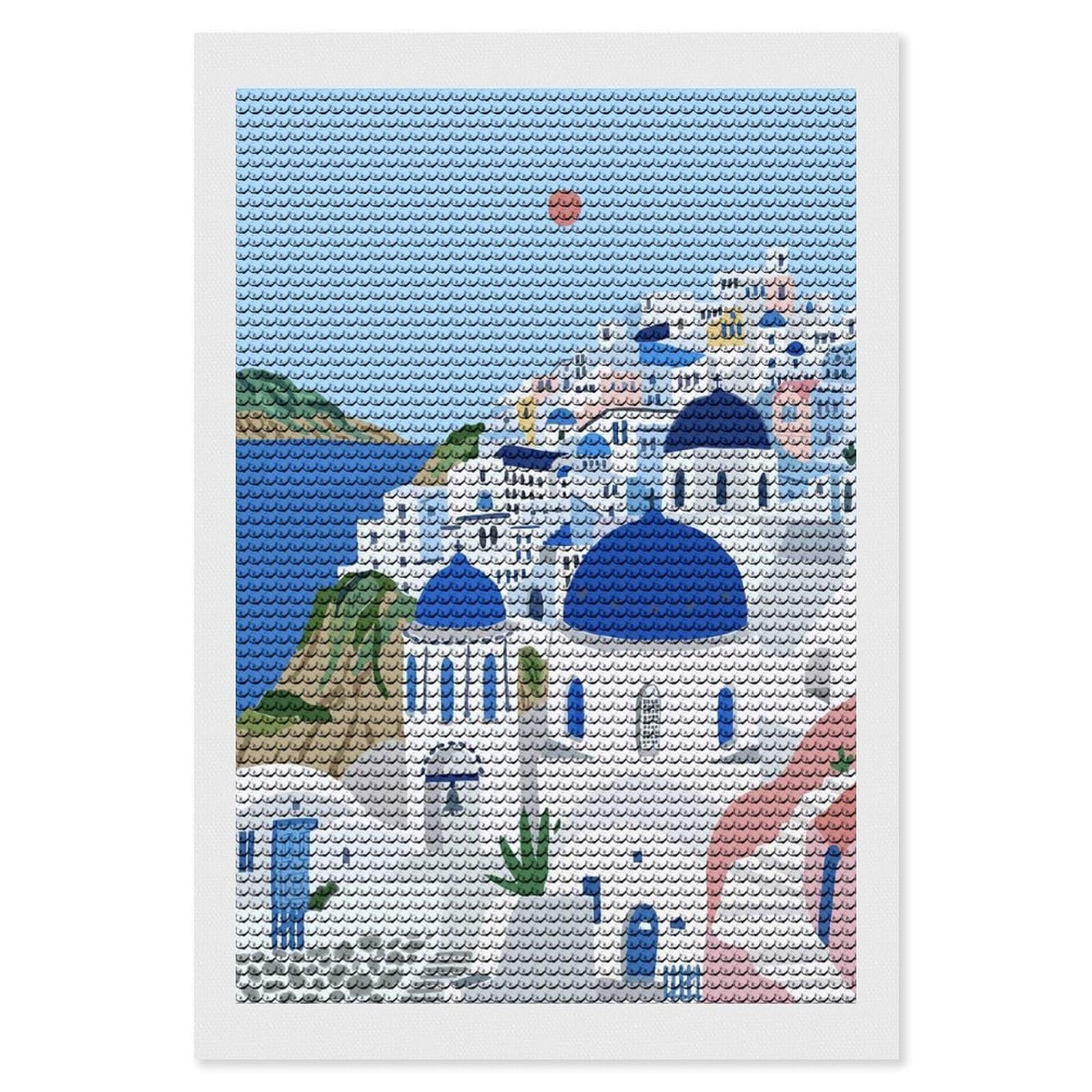Junmoney Santorini Greece Illustration Diamond Painting Set 8"x12", for Beginners, Modern Decor, Simple to Start, Gift Idea, Pleasing Wall Art Project