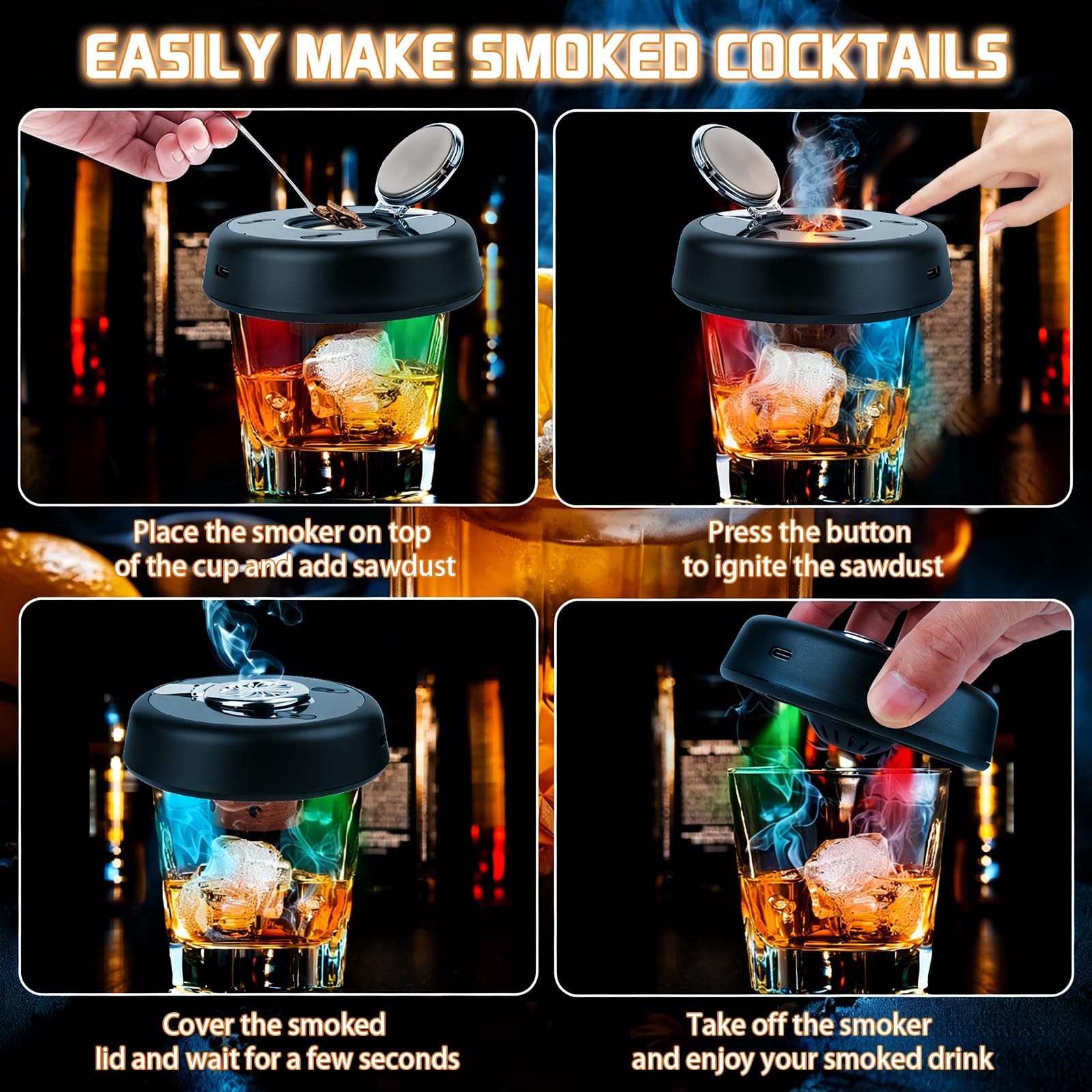 Zestaw do wędzenia whisky, elektryczny zestaw do wędzenia koktajli z 6 aromatami drewna, światło RGB, zestaw prezentowy do whisky, napojów, kawy, prezenty do whisky dla mężczyzn, prezent urodzinowy