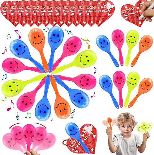 Miniatura 7 de Paquete de 28 regalos para el día de San Valentín para bebés, juguetes musicales con 28 tarjetas de San Valentín, instrumentos coloridos, maracas de