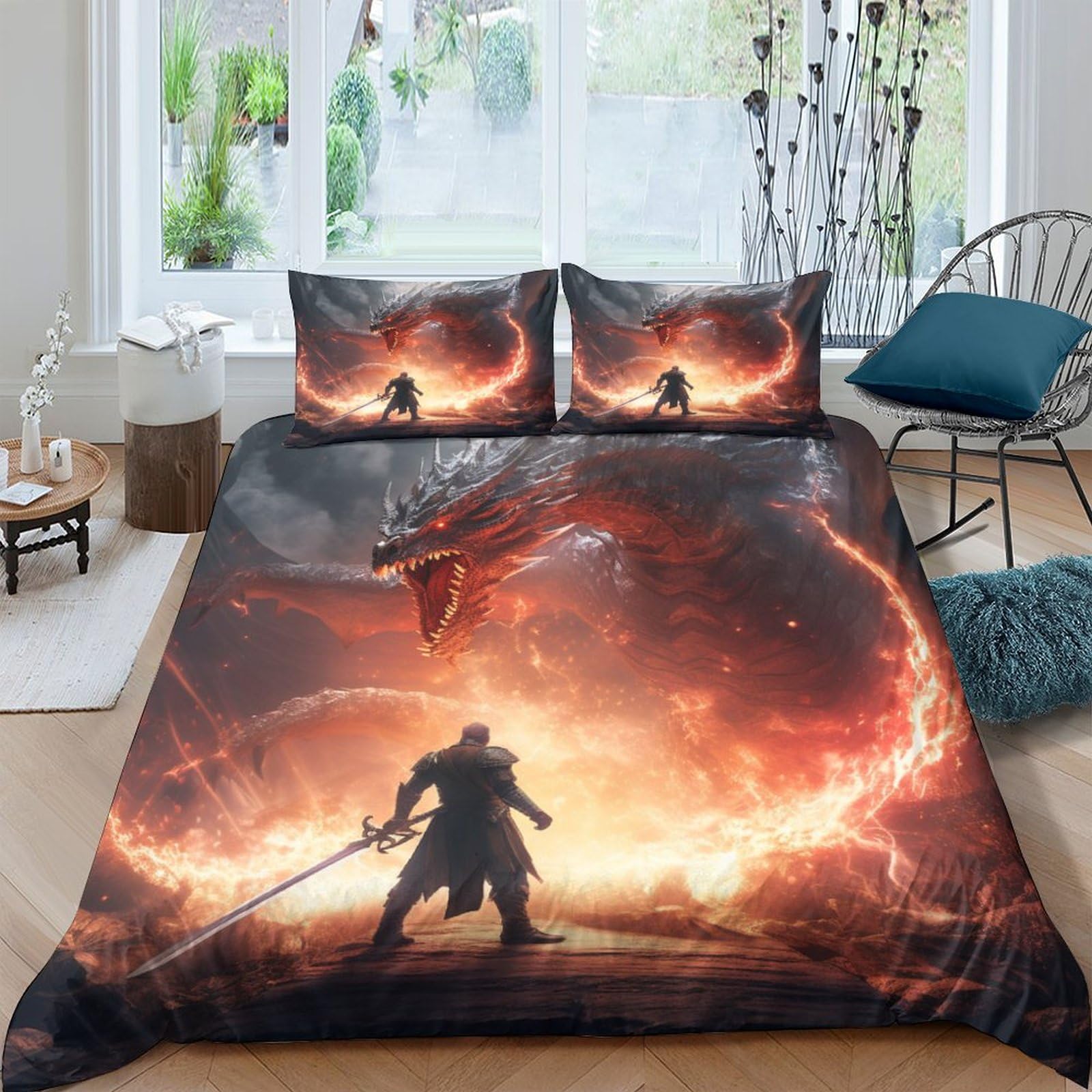 Housse de couette dragon 3D 220x240cm infroissable pour lit adulte et enfant