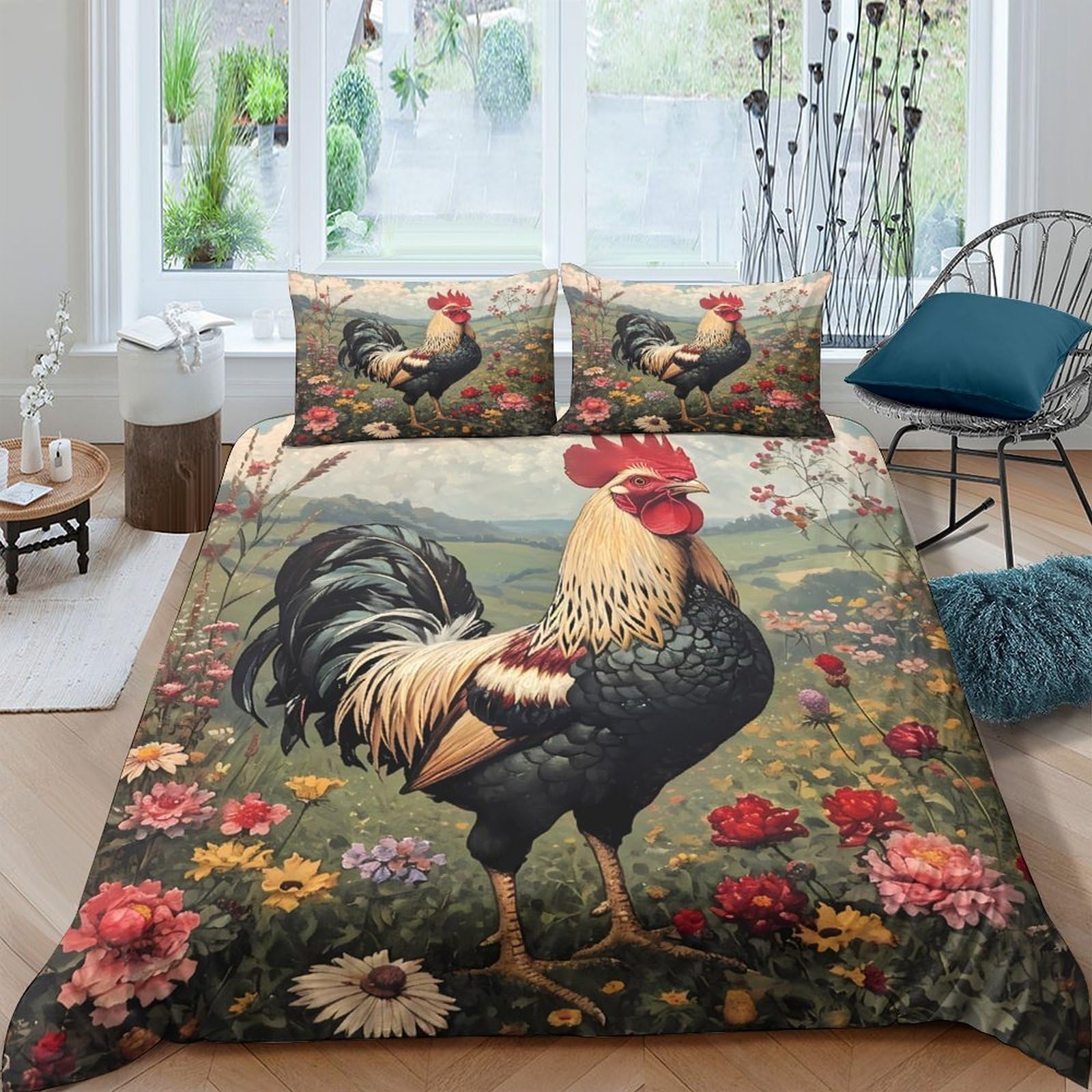 GPLZQXKJNH 3D Printed Rooster Countryside Duvet Cover Microfiber Floral Farmhouse Bedding Set with 2 Pillowcases for Bedroom Decor Single（135x200cm）