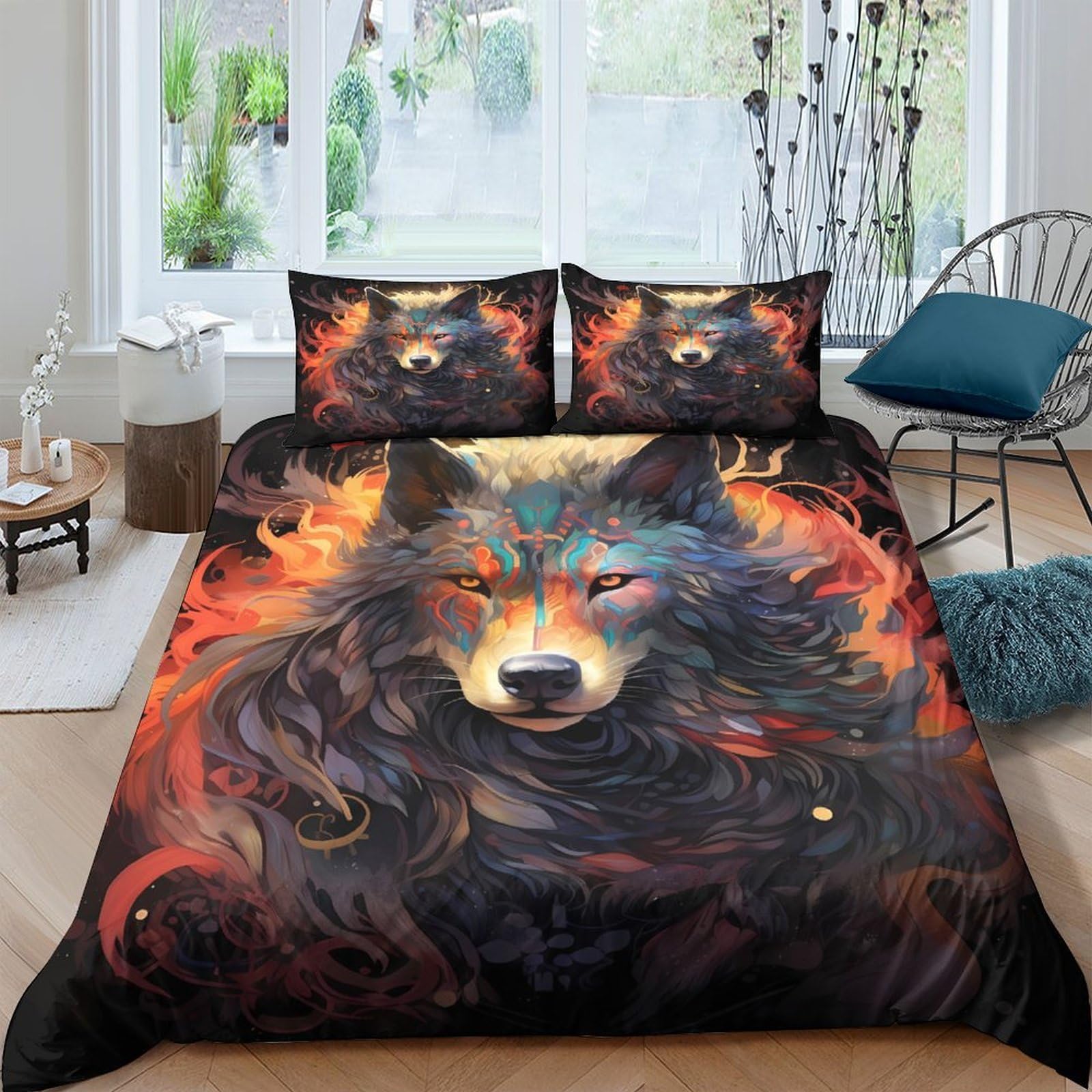 Ctjqhvkz Style-8 3D Printed Fiery Wolf Fitted Sheet Microfiber Soft Breathable Forest Animal Mattress Cover For Bedroom Dorm Room Decor Single（135X200cm）