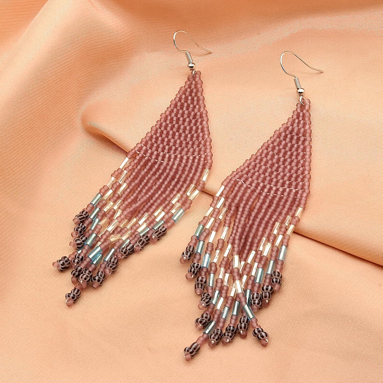 FUTIMELY Rice Beaded Tassel Drop Dangle Earrings for Women,Boho Handmade Seed Bead Native Bohemian Large Statement Fringe Long Earrings for Women - Image 4