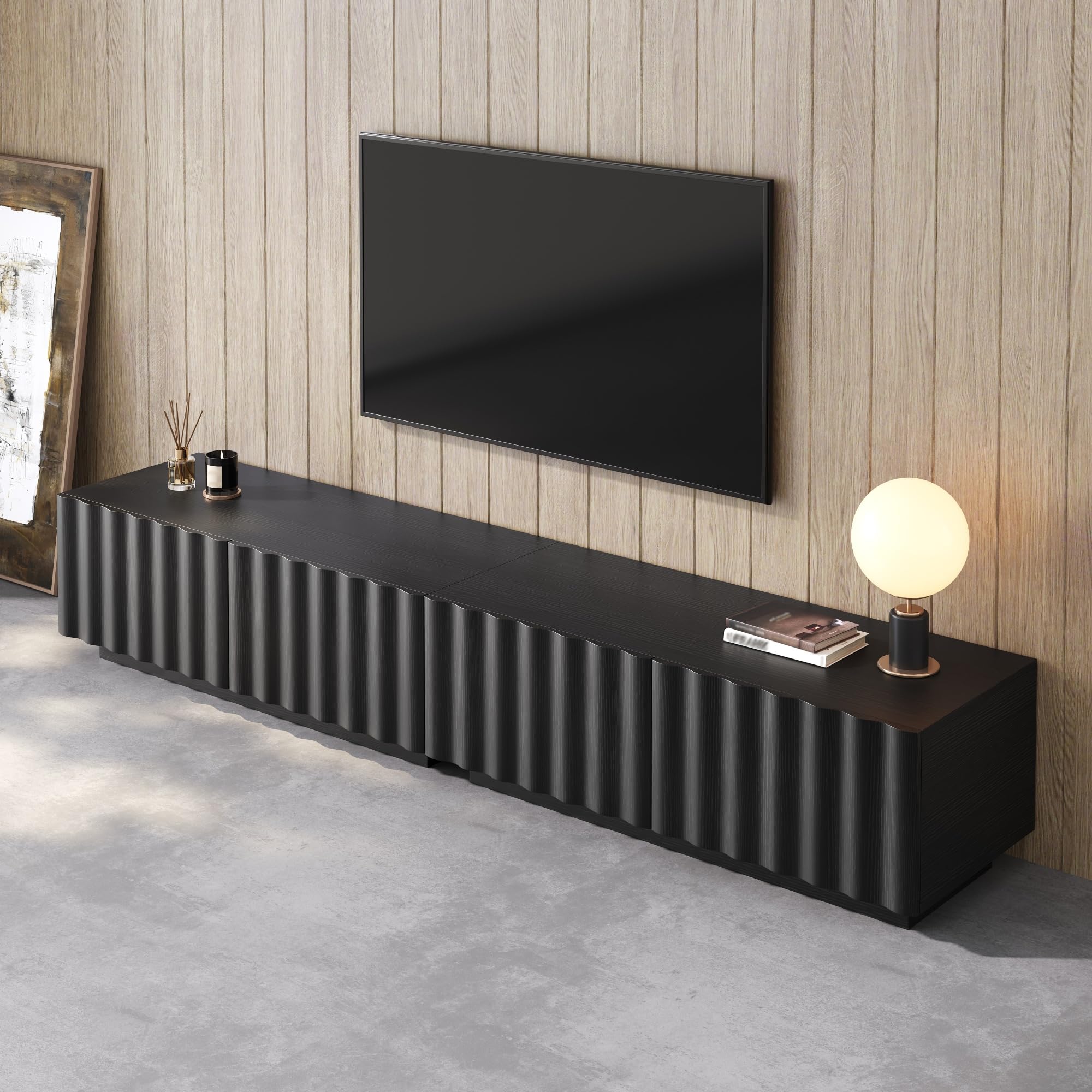 Juego de muebles de salón con diseño de ondas, mueble de TV y mesa de café, almacenamiento moderno, estable, práctico, color negro