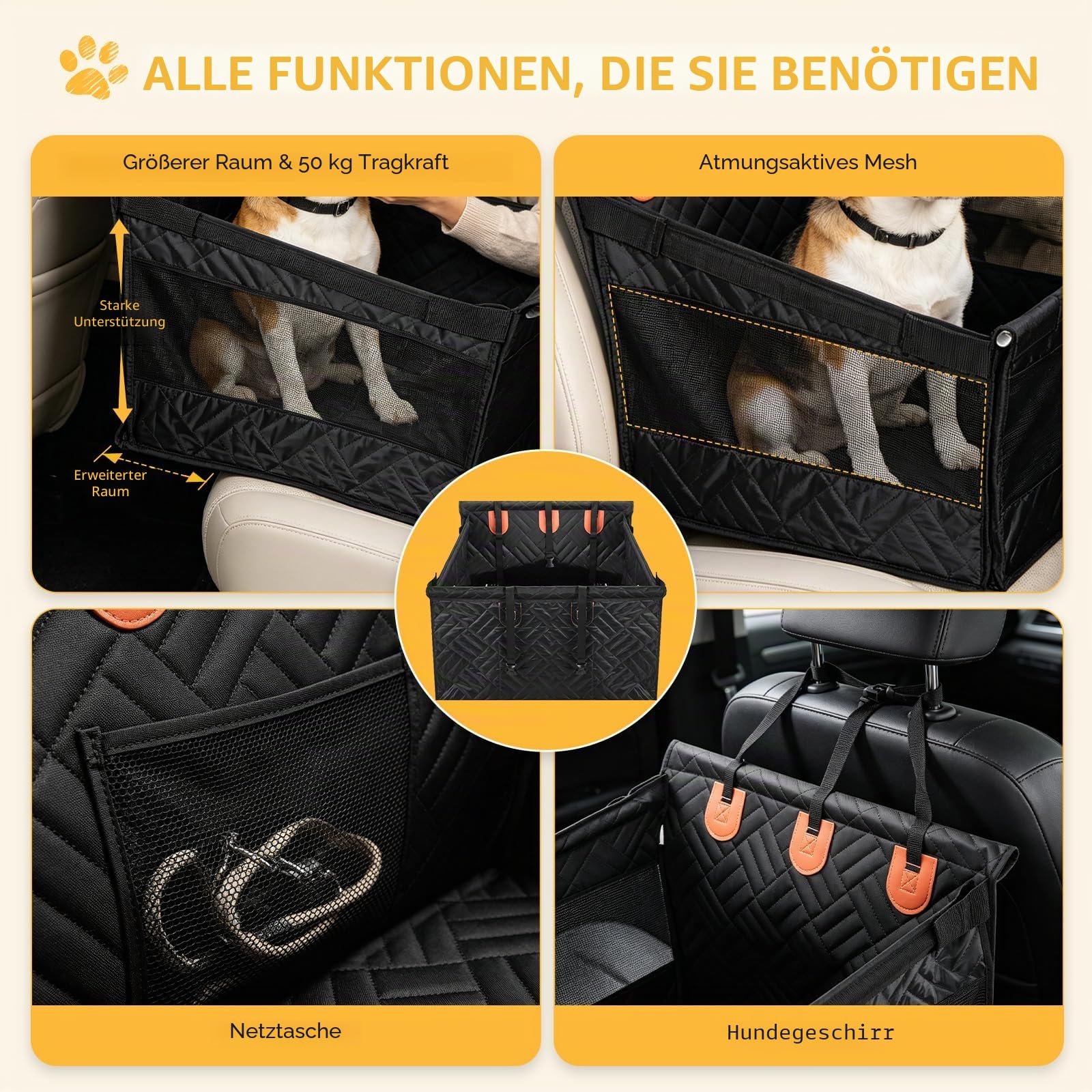 Hunde Autositz Rückbank für Großhunde,Sicherheitssitz mit Befestigungsgurt, Rutschfester & Wasserdichter Hundesitz als Hundebett für Auto, SUV