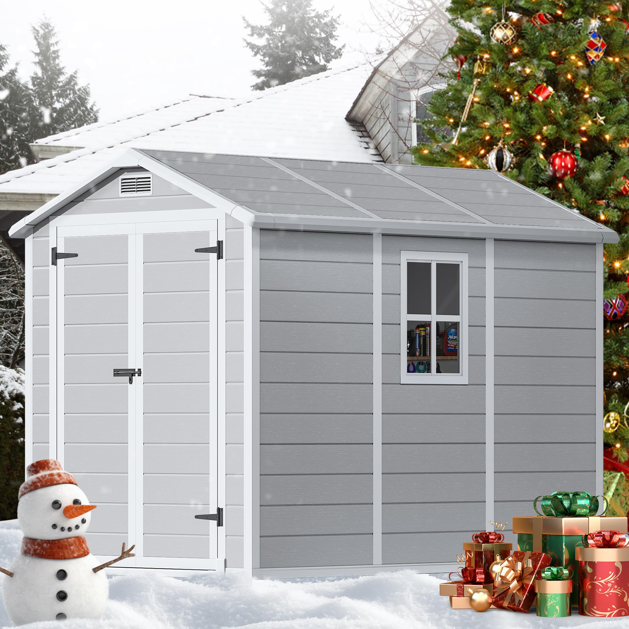 Outdoor Storage Shed, 9 x 5.8 FT Resin Shed with Floor, Weather-Resistant Plastic Garden Shed with Window, Lockable & Vents, for Garden Tool Outside Sheds, Bike Shed, Backyard Shed