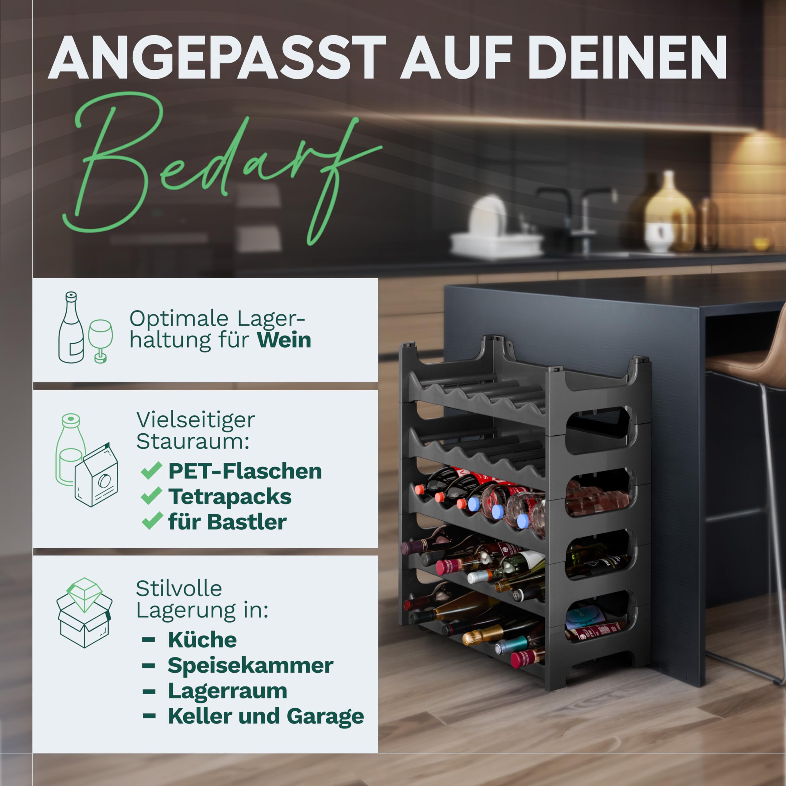 Novaliv Flessenrek voor 48 flessen van kunststof, uitbreidbaar, wijnrek, stapelbaar, zwart, drankrek, flessenreksysteem, rek voor dranken, flessenkast, sterke drank rek