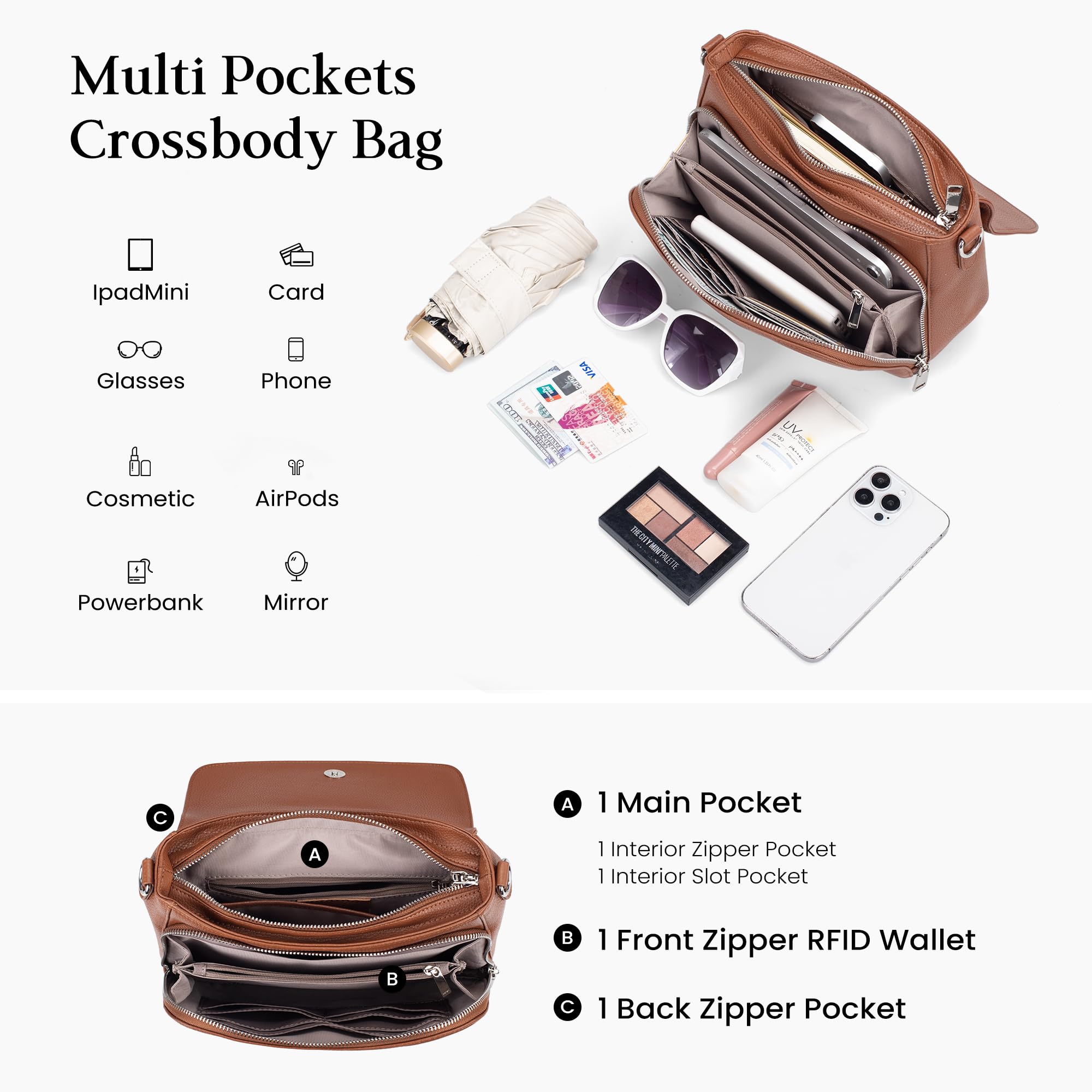 befen Bolsos cruzados de piel auténtica para mujer, bolsos pequeños para mujer, bolsos de mano para mujer, bolso de teléfono RFID con cartera integrada