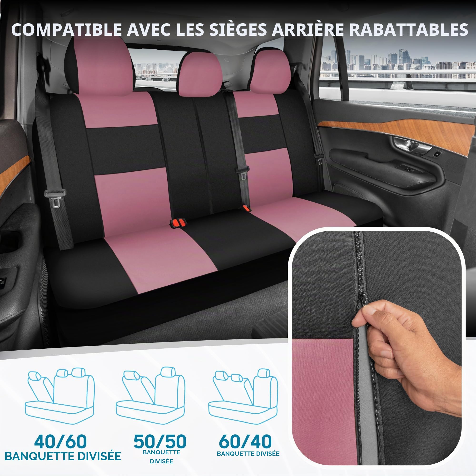 BDK PolyPro Ensemble Complet de Housses de siège de Voiture en Rose sur Noir - Banquette Avant et arrière divisée pour Voiture, Facile à Installer - Accessoires de Voiture, camions, camionnettes, SUV