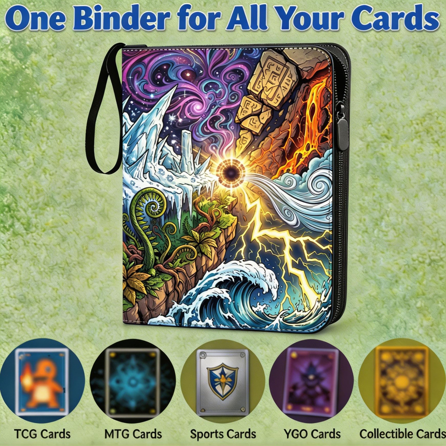 Raccoglitore per carte collezionabili, 9 tasche, 540 scomparti per carte con design a 3 anelli con cerniera, resistente, adatto ai viaggi, per sport, giochi e carte da collezione