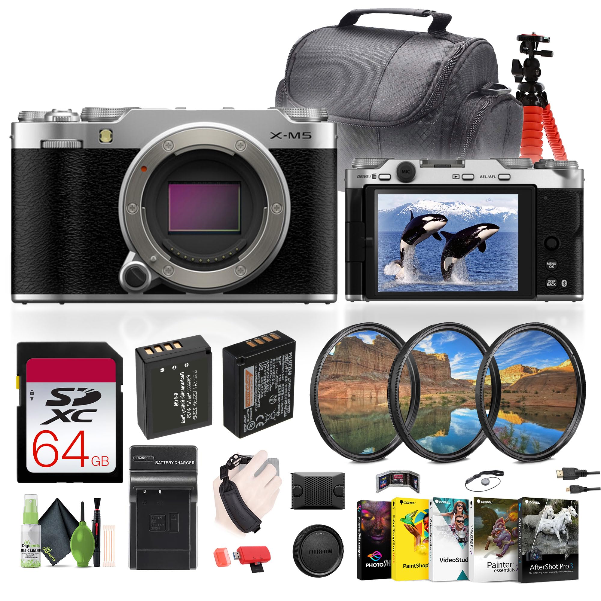 Fujifilm X-M5 Mirrorless Digital Camera Body (Silver) Bundle with Extra Battery NP-W126 + Charger + 64GB Memory Card + More