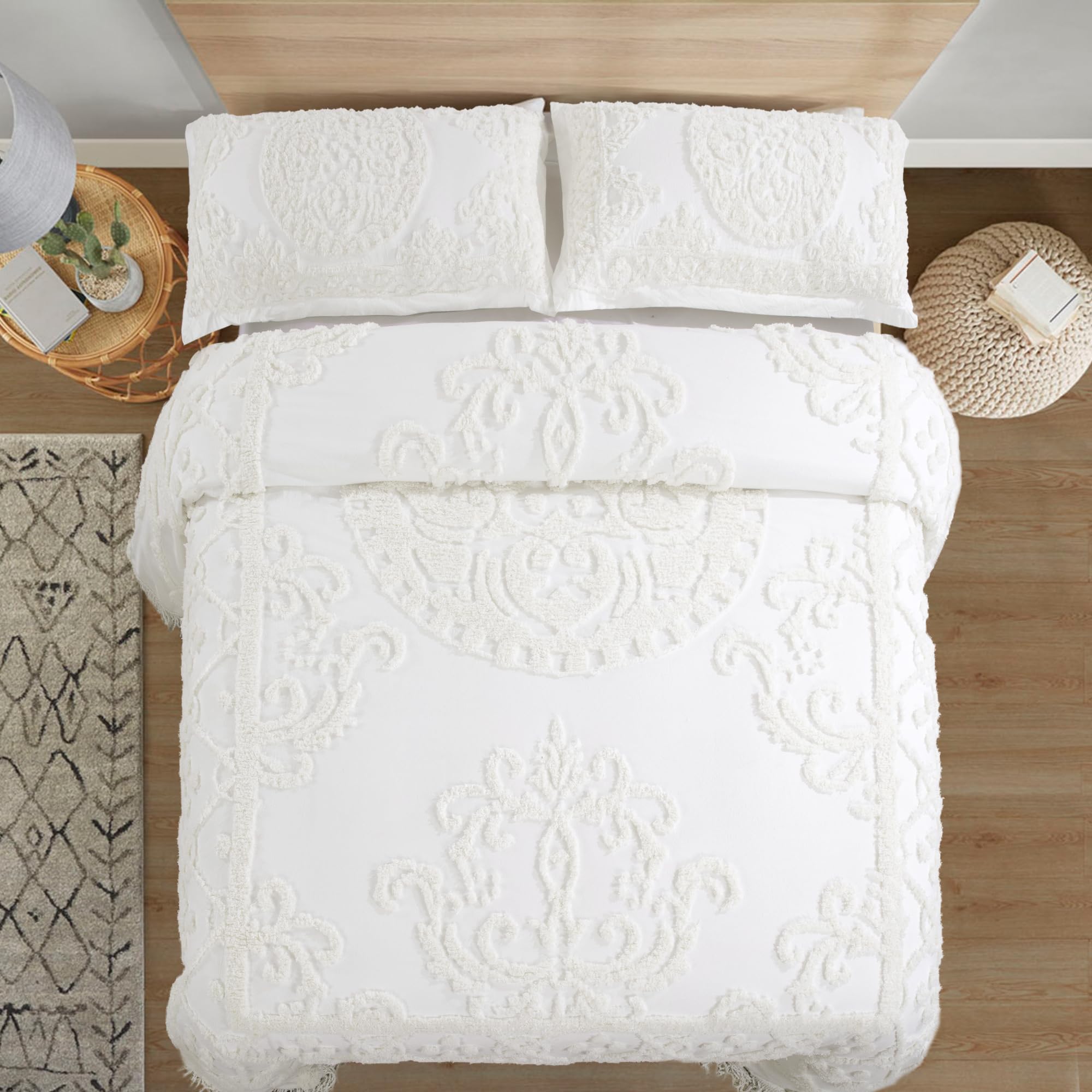 HOMBYS 128x120 Oversized King Chenille Bedspread with Maching Shams, 100% Cotton Tufted Bedding Coverlet 3 Pieces Set with Tassels, Machine Washable