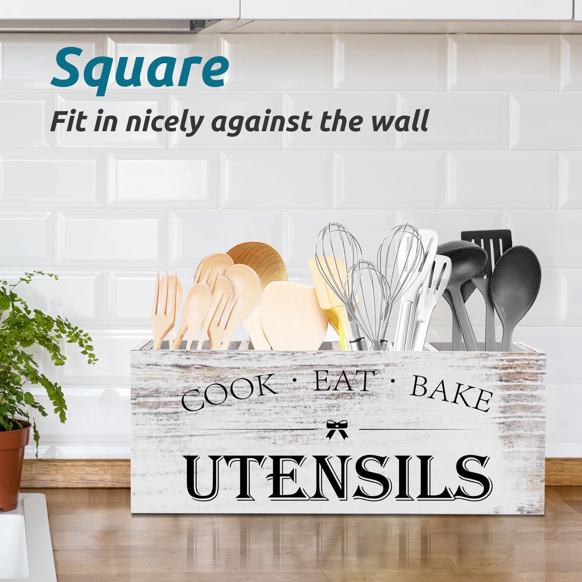 Suli Extra Large Kitchen Utensils Holder with 4 Compartments, Wooden Utensil Organizer for Kitchen Countertop, Farmhouse Kitchen Decor, Rustic Cooking Utensil - White grain