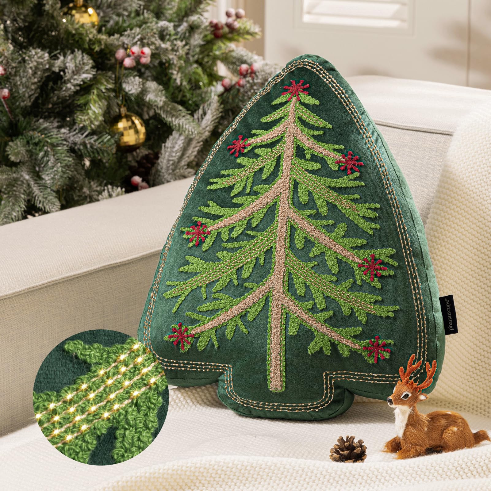 Phantoscope Merry Christmas Tree Decorative Throw Pillow, Velvet Beads Embroidery 3D Shaped Cushion, Green, 18 x 14 in