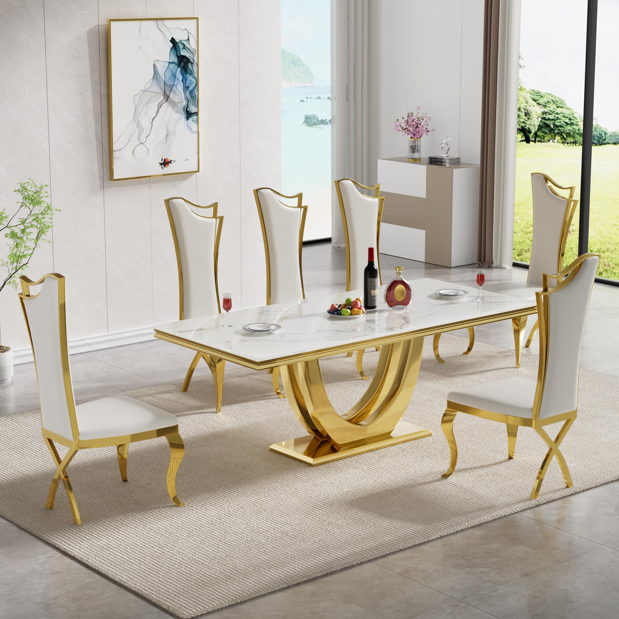 Amazon.com - Modern Dining Table Set for 6,7 Piece Faux Marble Kitchen Dining Room Table w ...