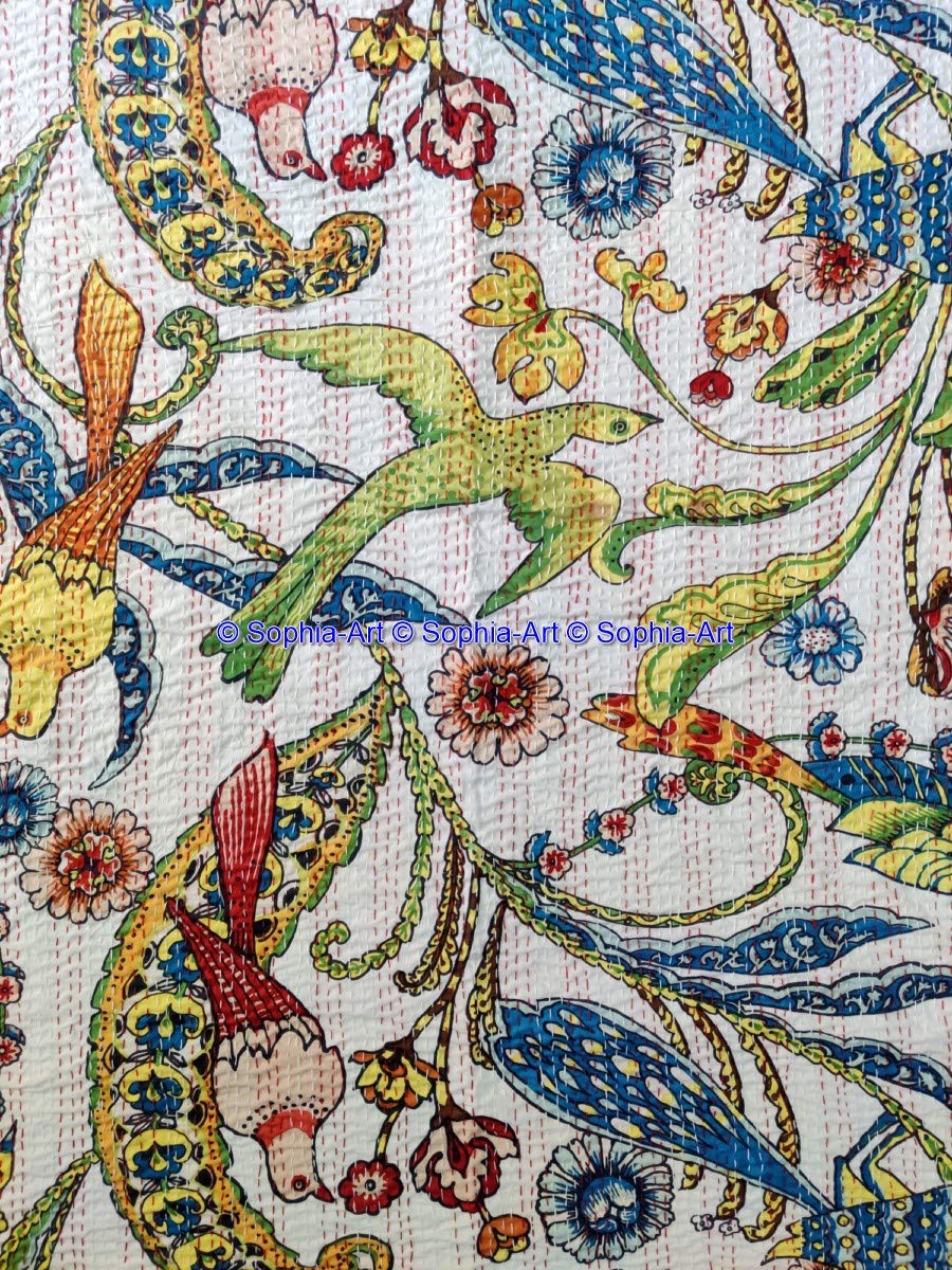 Sophia-Art Colcha india hecha a mano con estampado de pavo real de algodón Kantha, colcha étnica, manta bohemia decorativa para cama hippie (blanco, 222 x 250 cm)