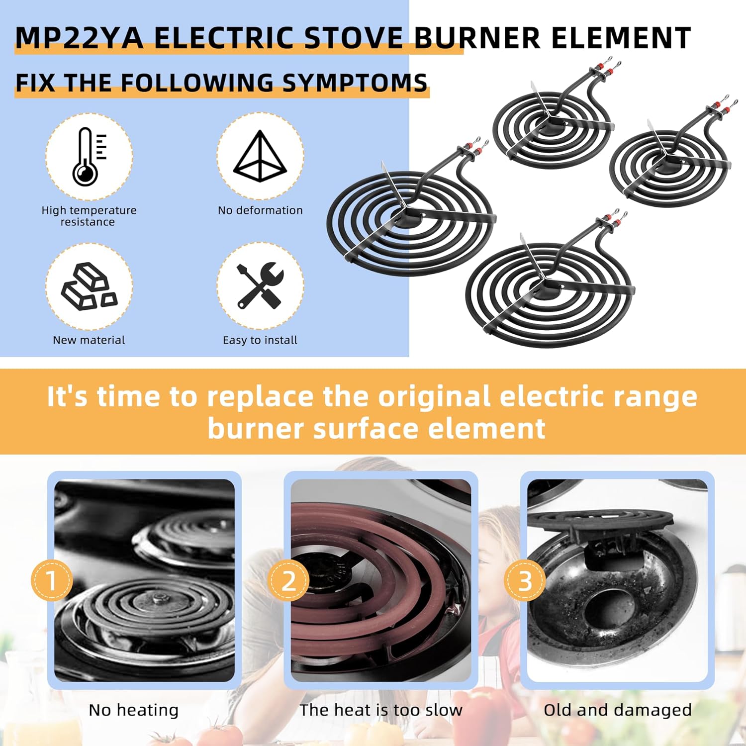 Upgraded MP22YA Electric Stove/Range Burner Element Unit Set 2 pcs MP15YA 6" and 2 pcs MP21YA 8" Stove Burners Replacement Fit for Whirl-pool,Ken-more,May-tag,Hard-wick Range/Stoves by AMI PARTS