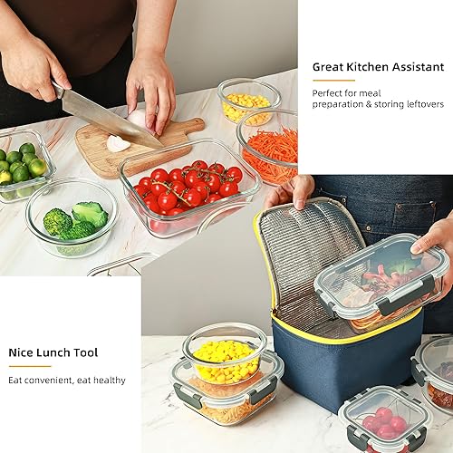 Miniatura 5 de Juego de 12 recipientes de vidrio para almacenamiento de alimentos, recipientes de vidrio para preparación de comidas con tapas, recipientes