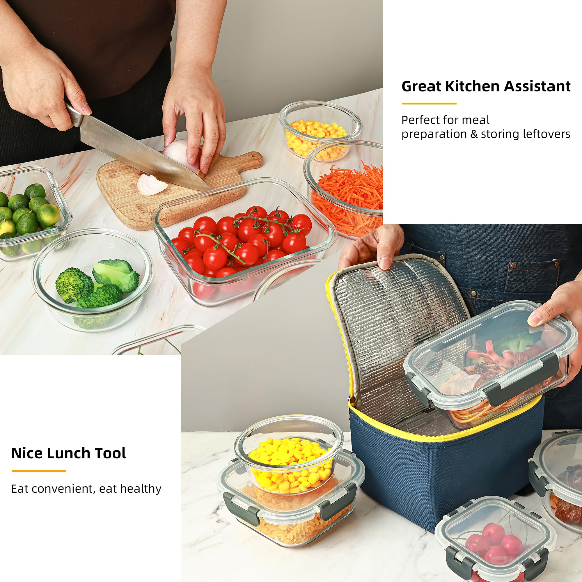 Juego de 12 recipientes de vidrio para almacenamiento de alimentos, recipientes de vidrio para preparación de comidas con tapas, recipientes herméticos para almuerzo, aptos para lavavajillas